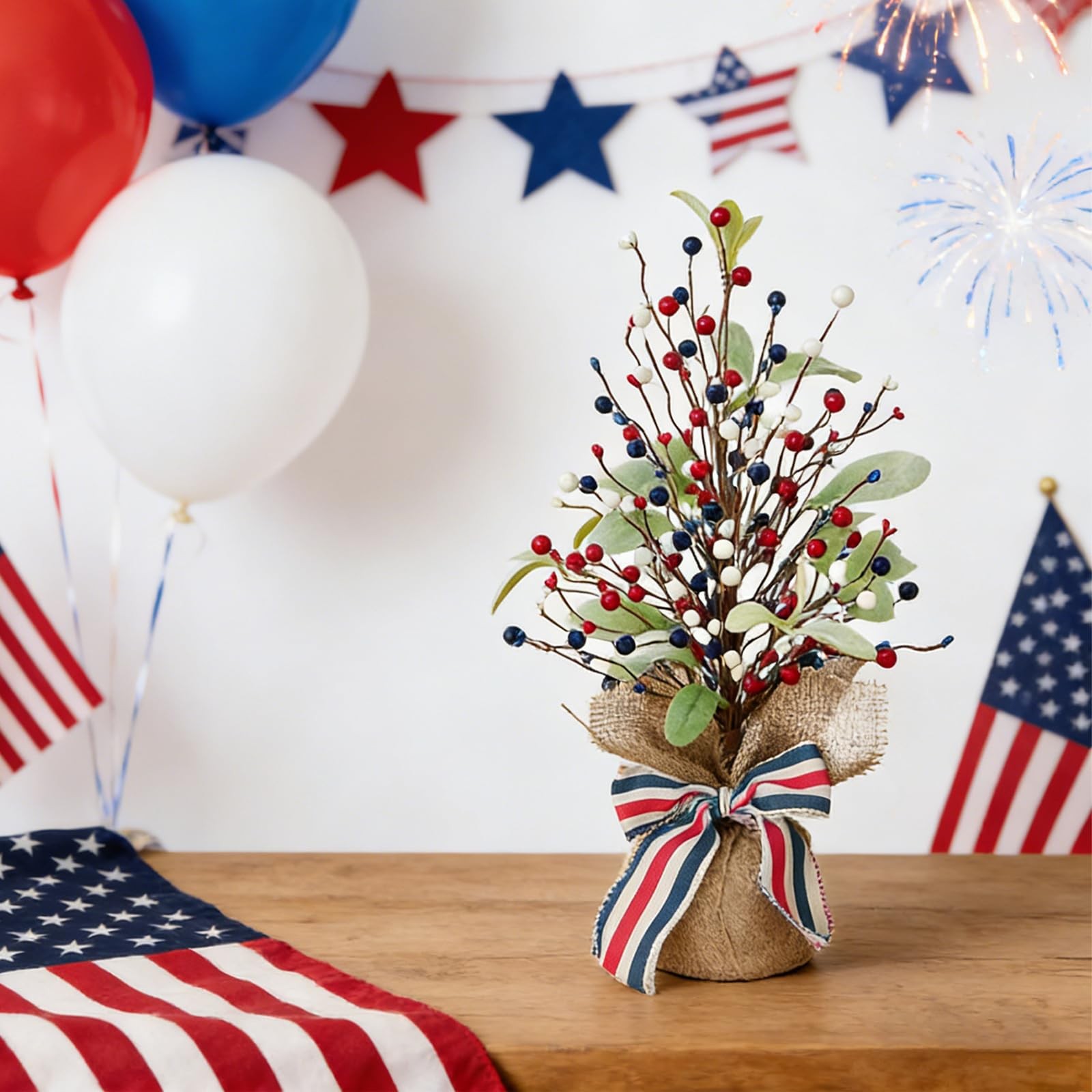 2 Pack 4th of July Artificial Tree Tabletop Decor Patriotic Tree Red Blue White