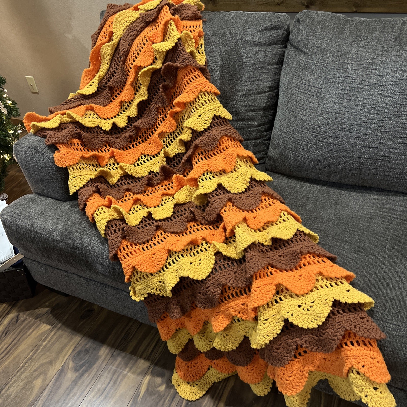 68” X 38 “ Approx Handmade Crochet Ruffled Multi Color Afghan blanket throw