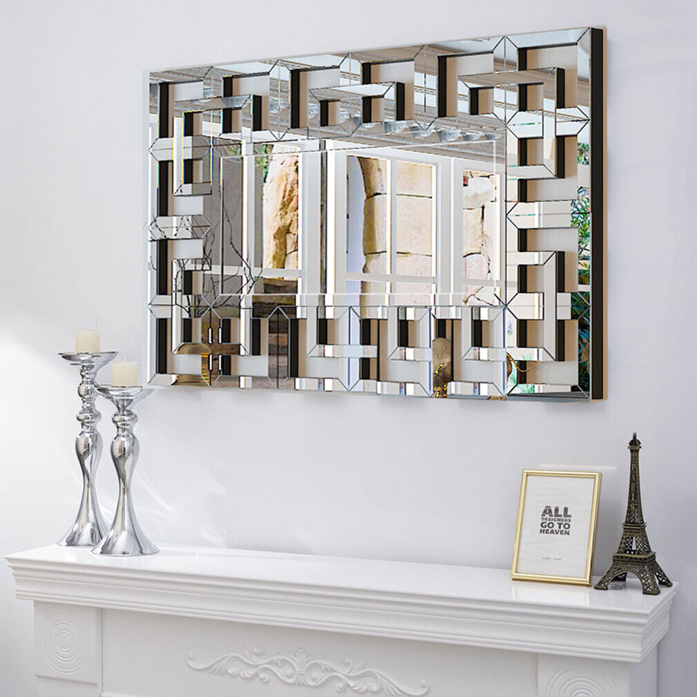Geometric Decorative Wall Mirror Crystal Crush Diamond Wooden Back Constructed