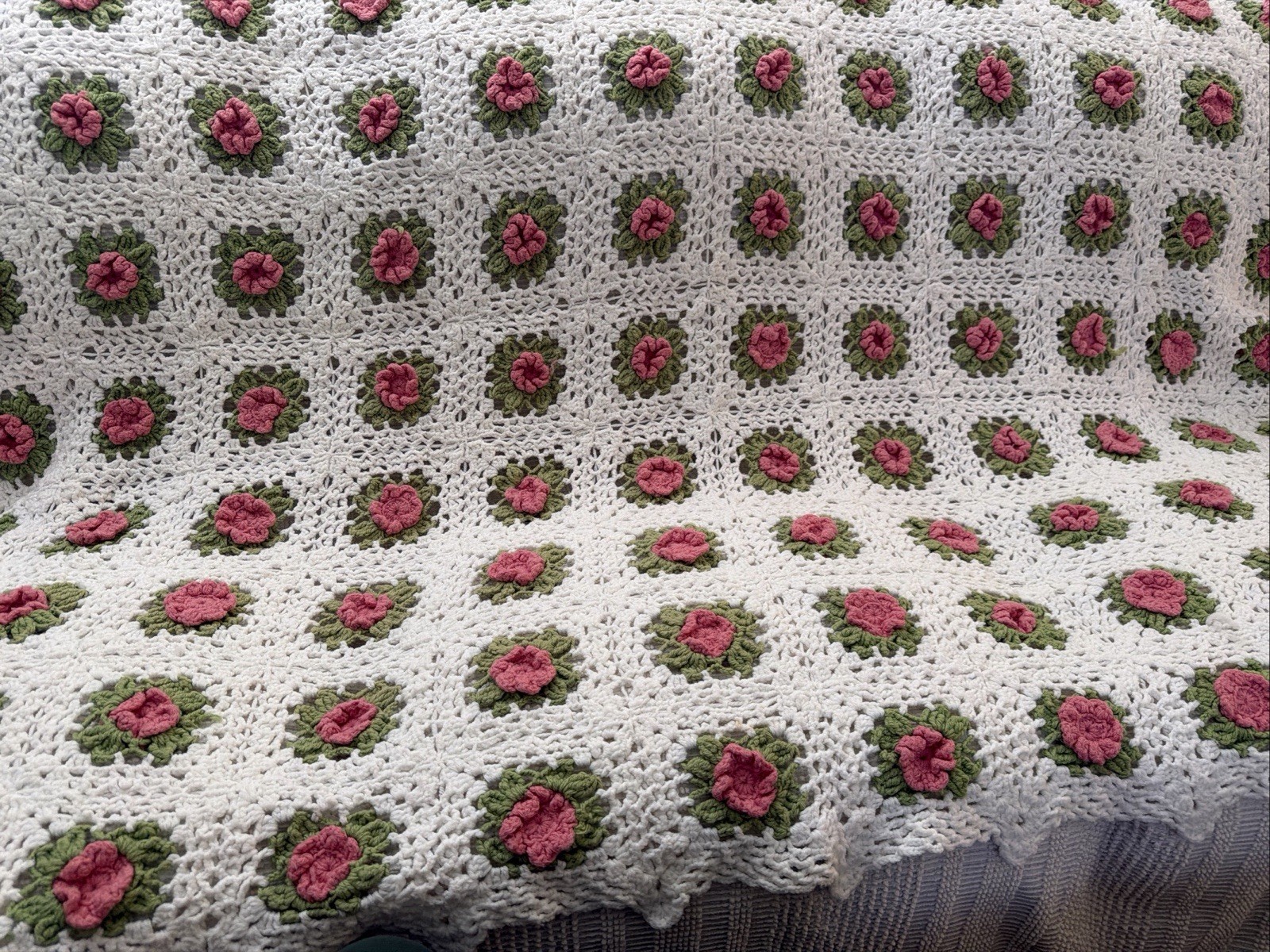 Afghan Throw Crochet White 3D Red Rose Coverlet 62″ X 66″ Vintage Handmade