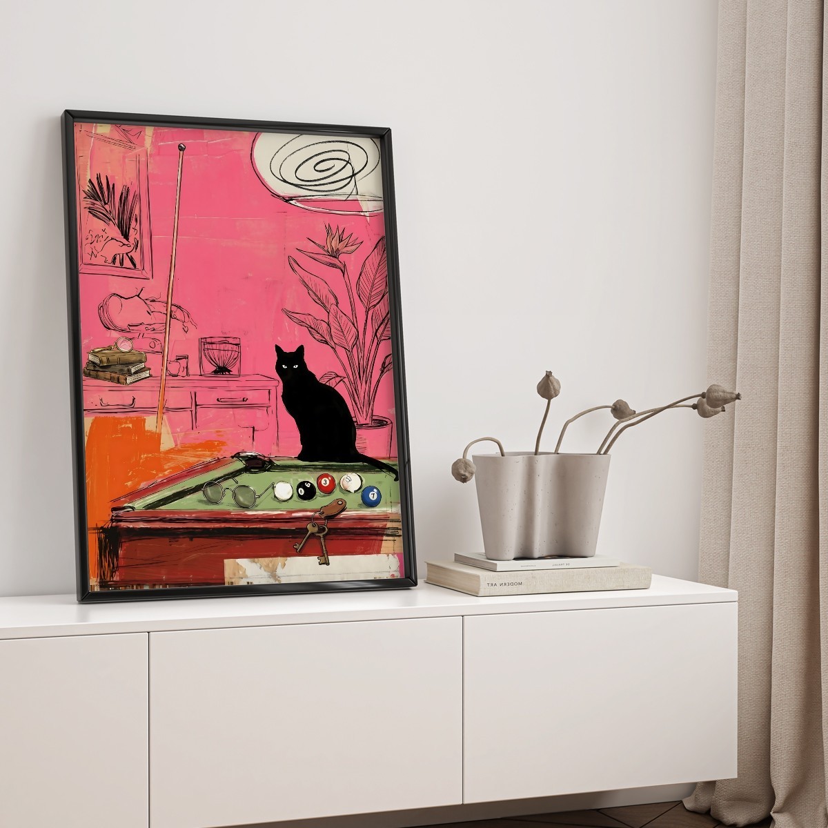 Retro Pink Cat Billiards Wall Art Poster, Black Cat Poster, Home Decor