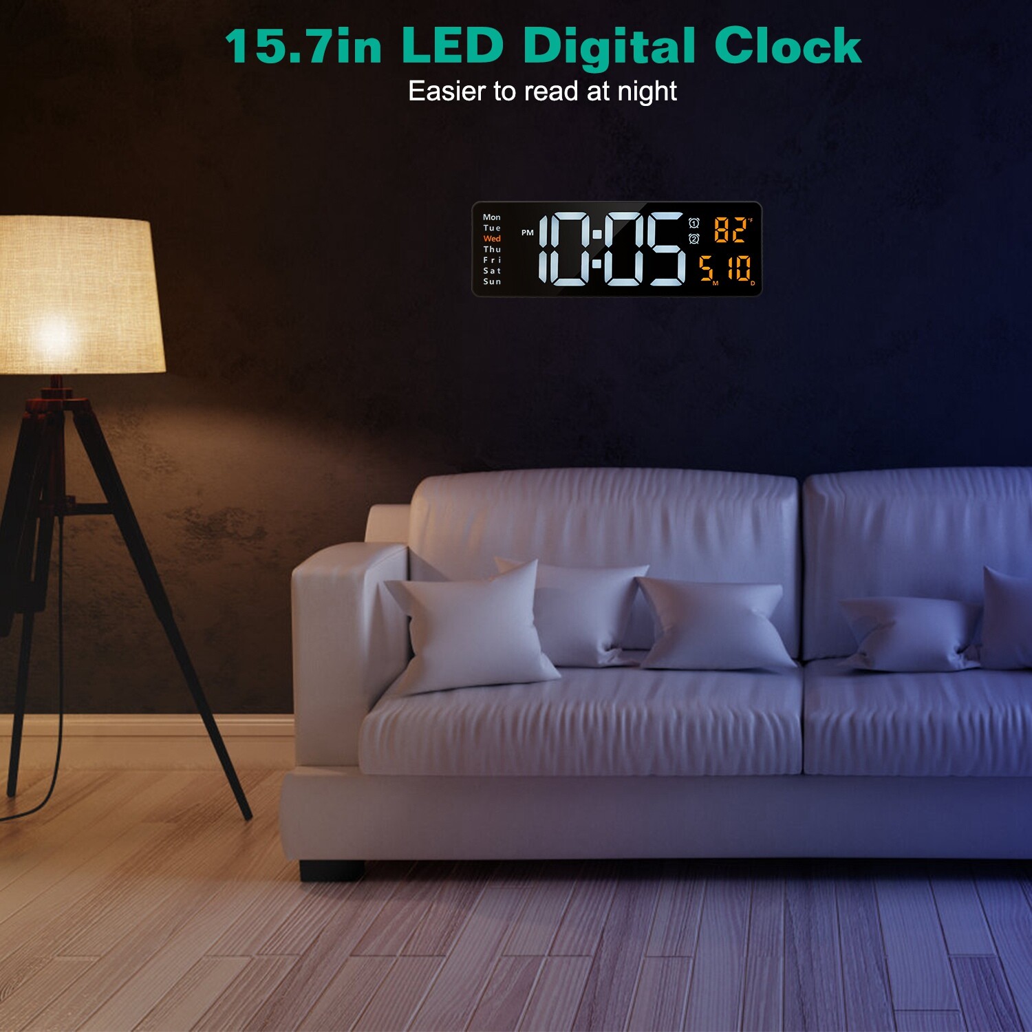 Digital Wall Clock Dual Alarm LED Digits Display Auto-Dimming 12/24Hr Time Clock