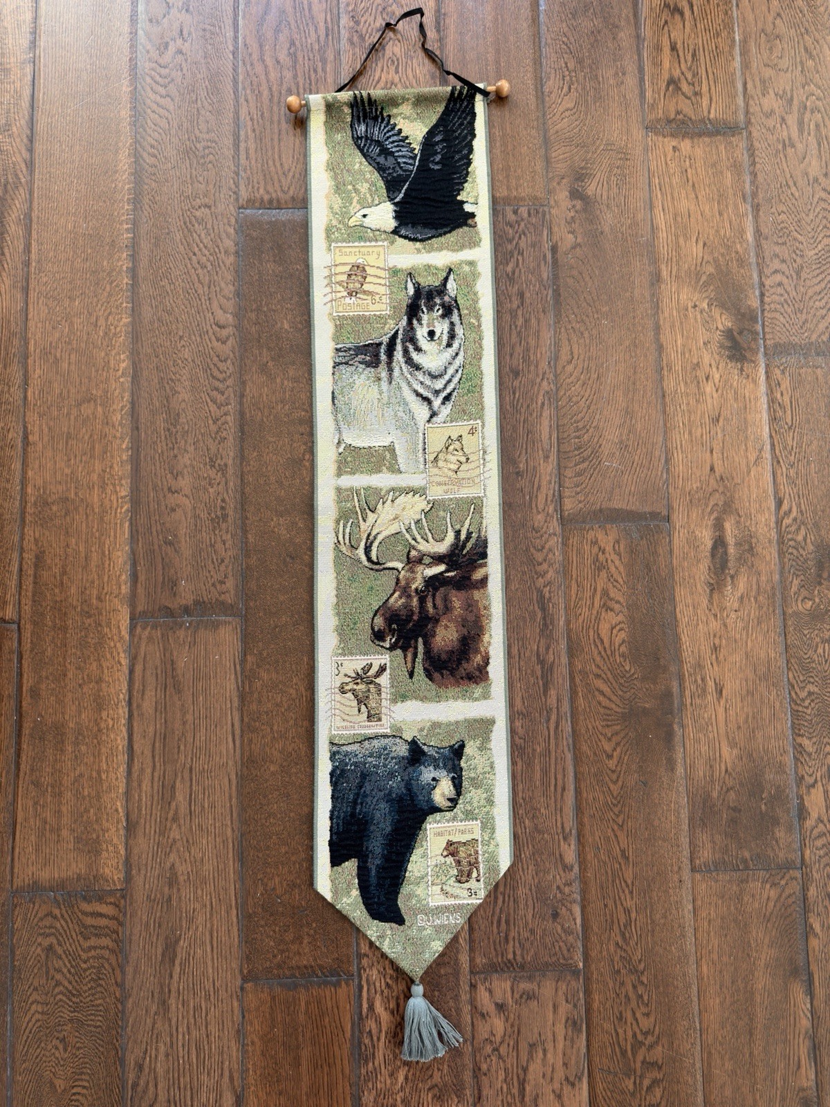 Vintage Wildlife Tapestry Bell Pull Wall Hanging Eagle Wolf Moose Bear Rustic
