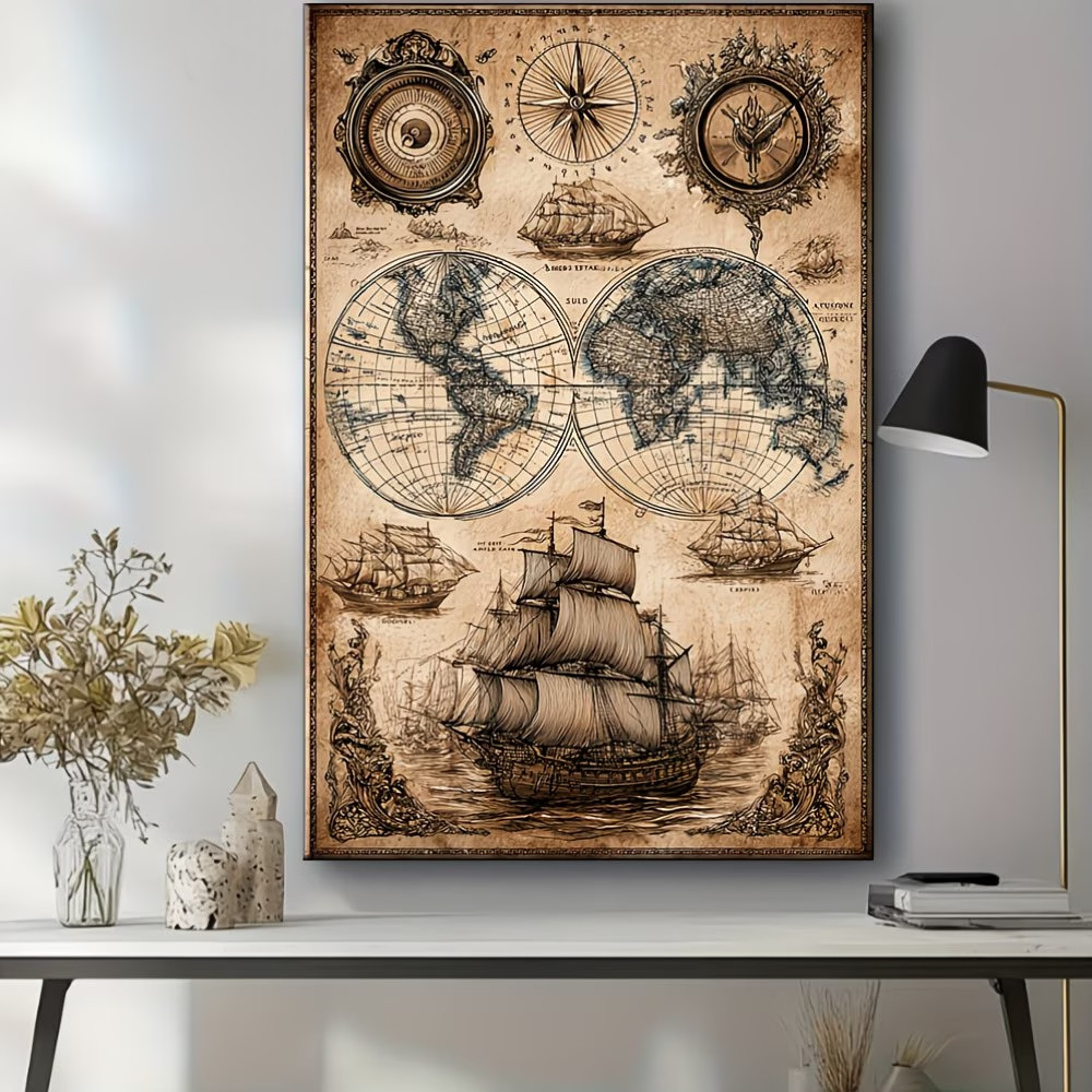 Nautical Map Wall Art Sailing Vessel Poster Antique Style Print Decor Noframe