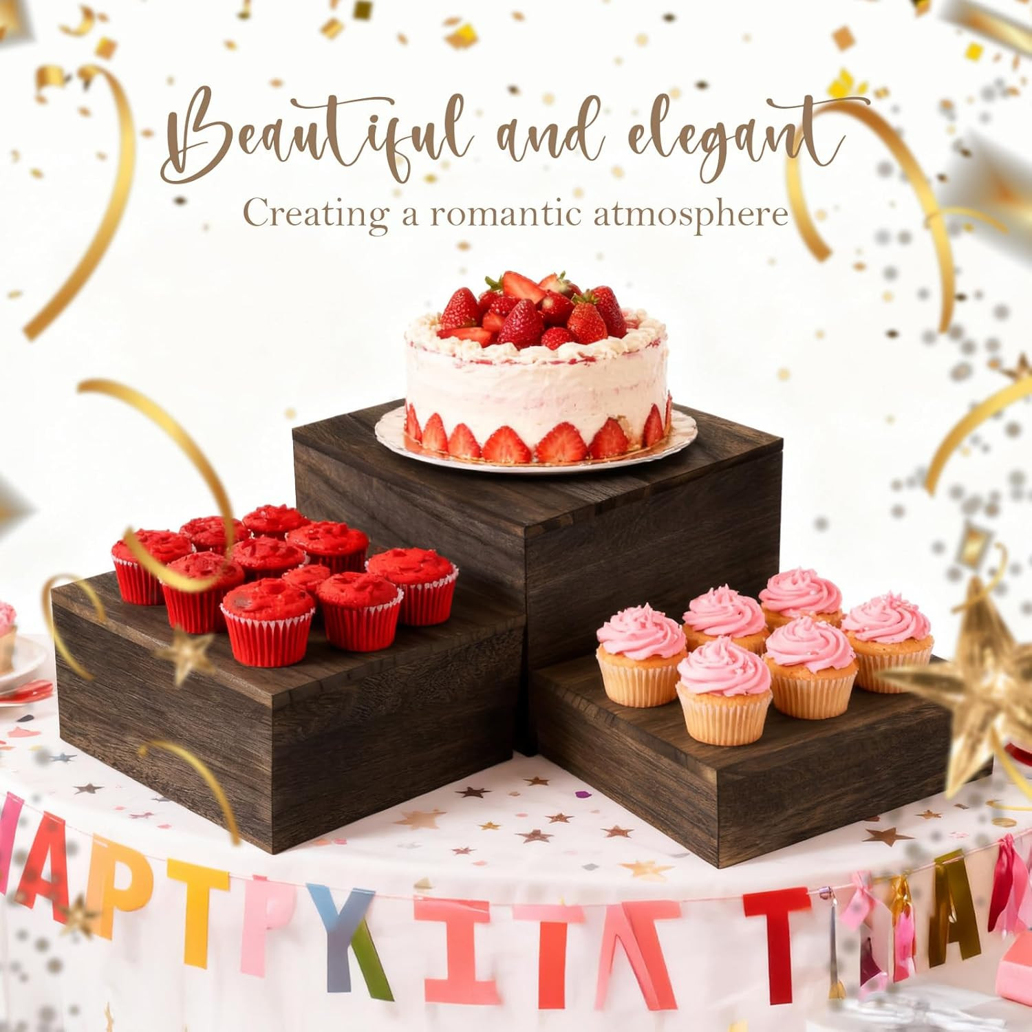 Wooden Display Risers Set – 6 Pcs Stackable Rustic Stands for Events and Decor