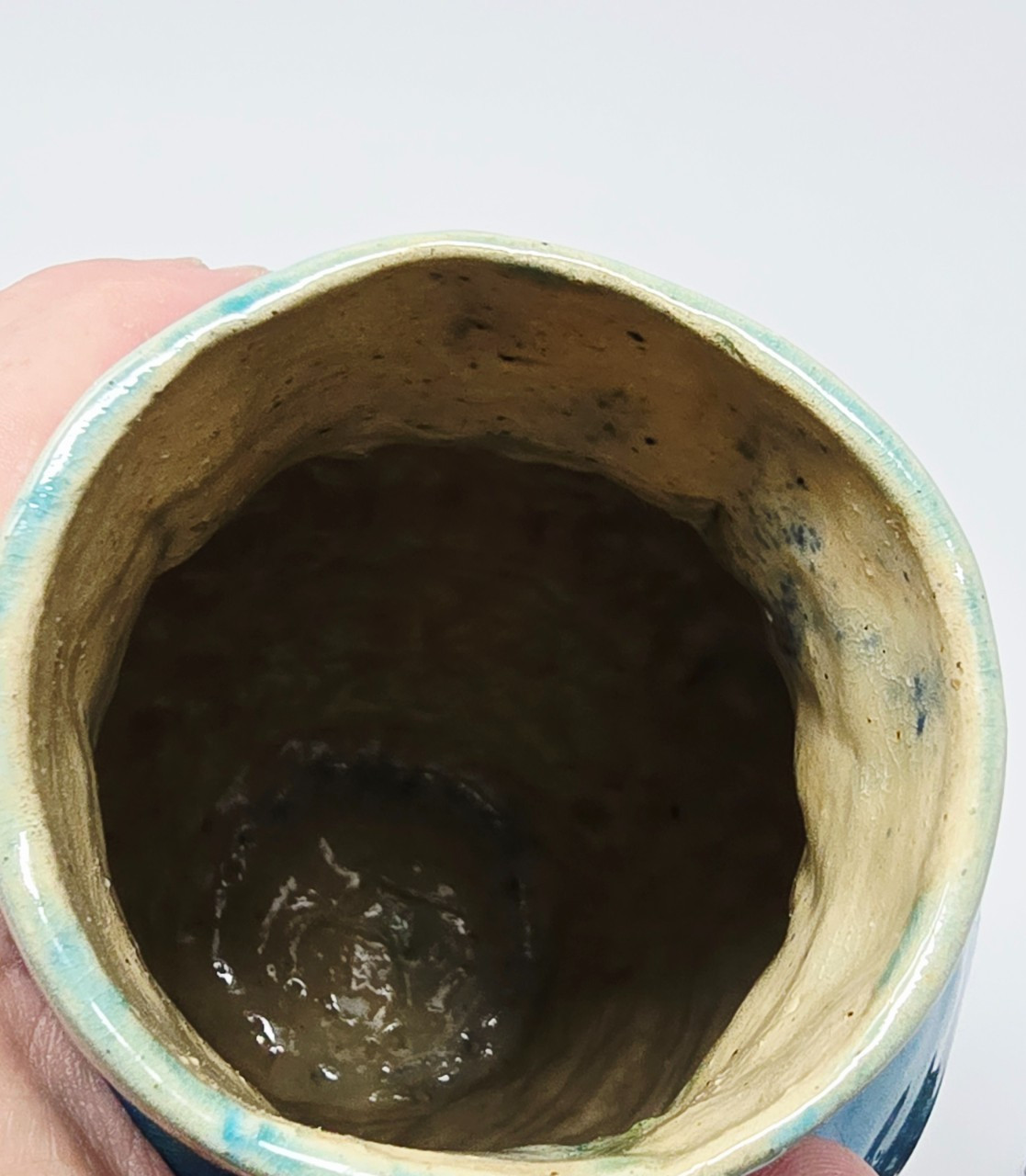 Turquoise Blue Drip Glazed Pottery Hand Made Pottery Vase Marked J.E.C GH 10″