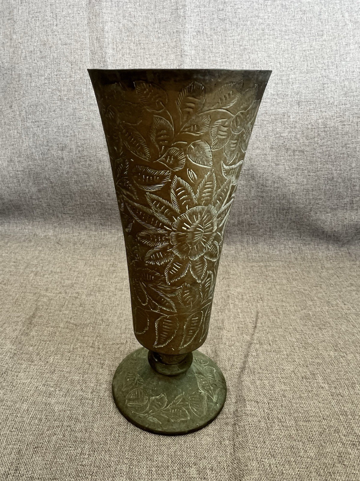 Vintage Etched Brass Vase Floral Engraved Trumpet Vase Footed Metal Vase 8″