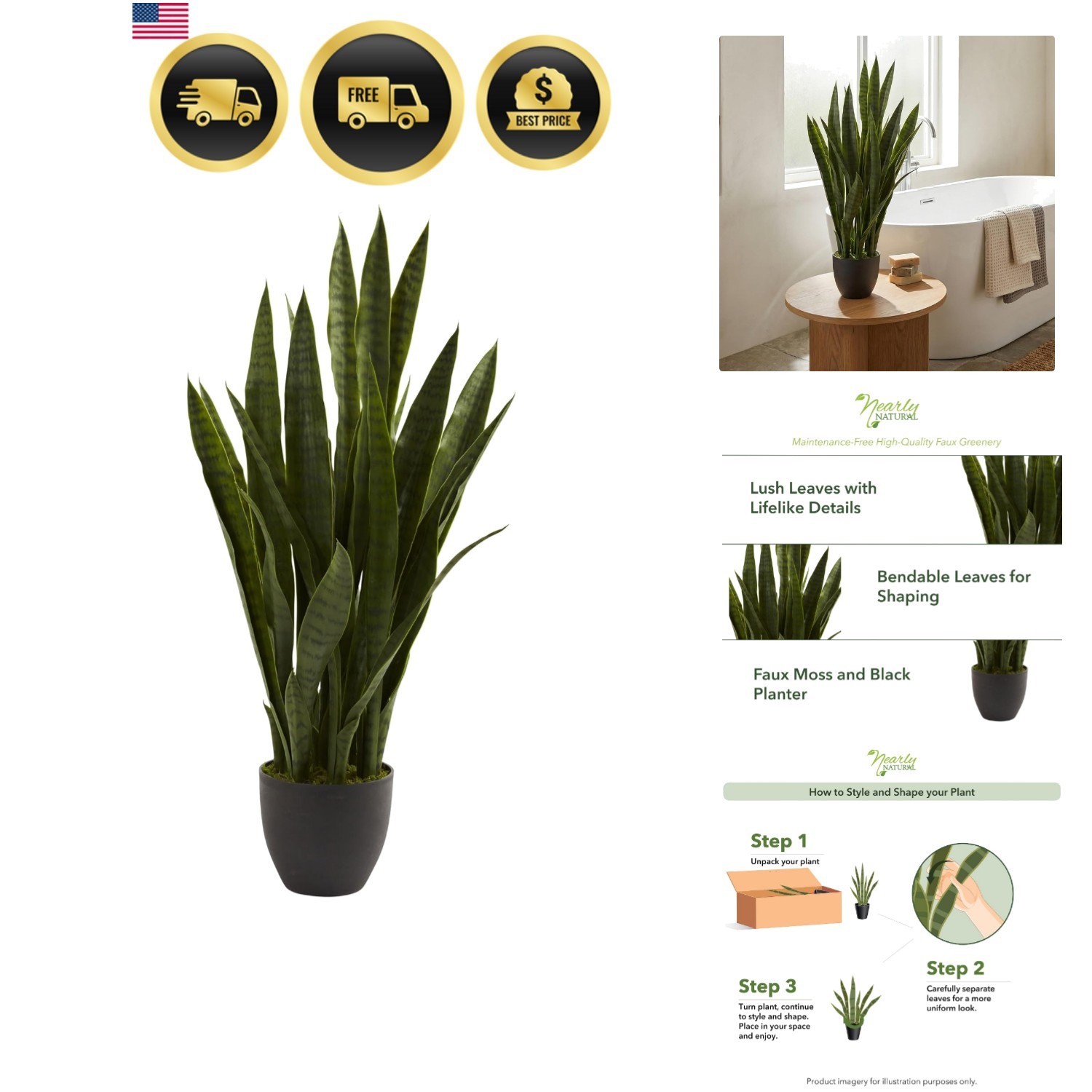 Artificial Snake Plant 35in Faux Greenery Indoor Decor Black Planter