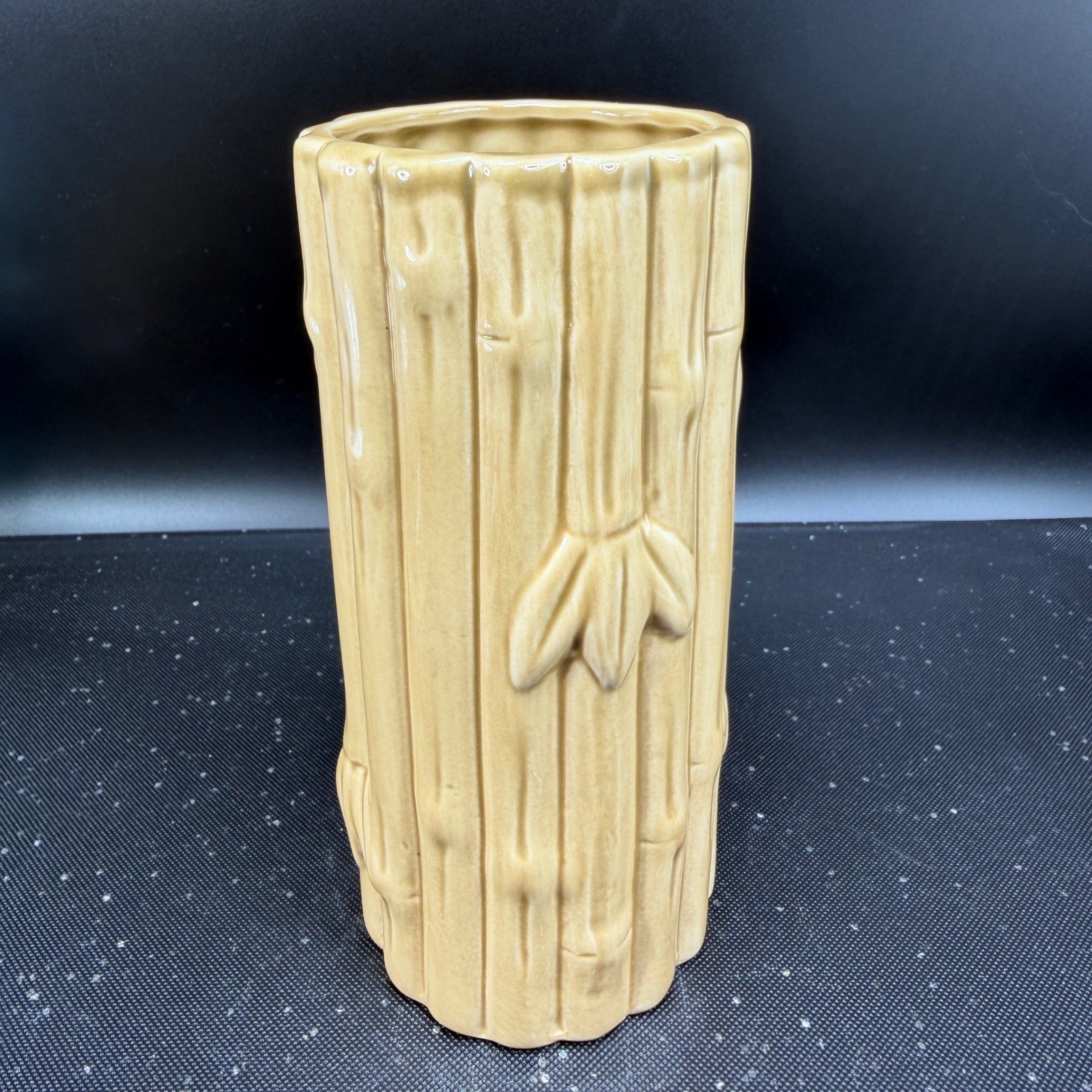 Vintage Ceramic Bamboo Vase Glossy Tan Tropical Boho Decor 6.5 Inch Tall