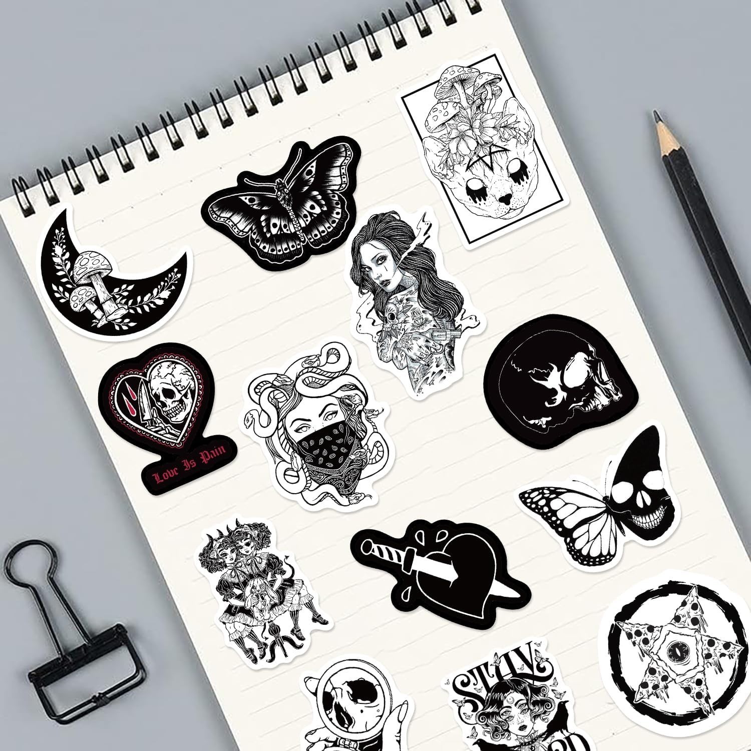 200-Pack Goth Stickers Black & White Waterproof Vinyl Skull Horror Decals for