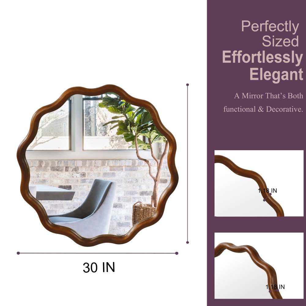 30in Wavy Round Mirror Wood Frame Mid-Century Modern Mirror For Bedroom Bathroom