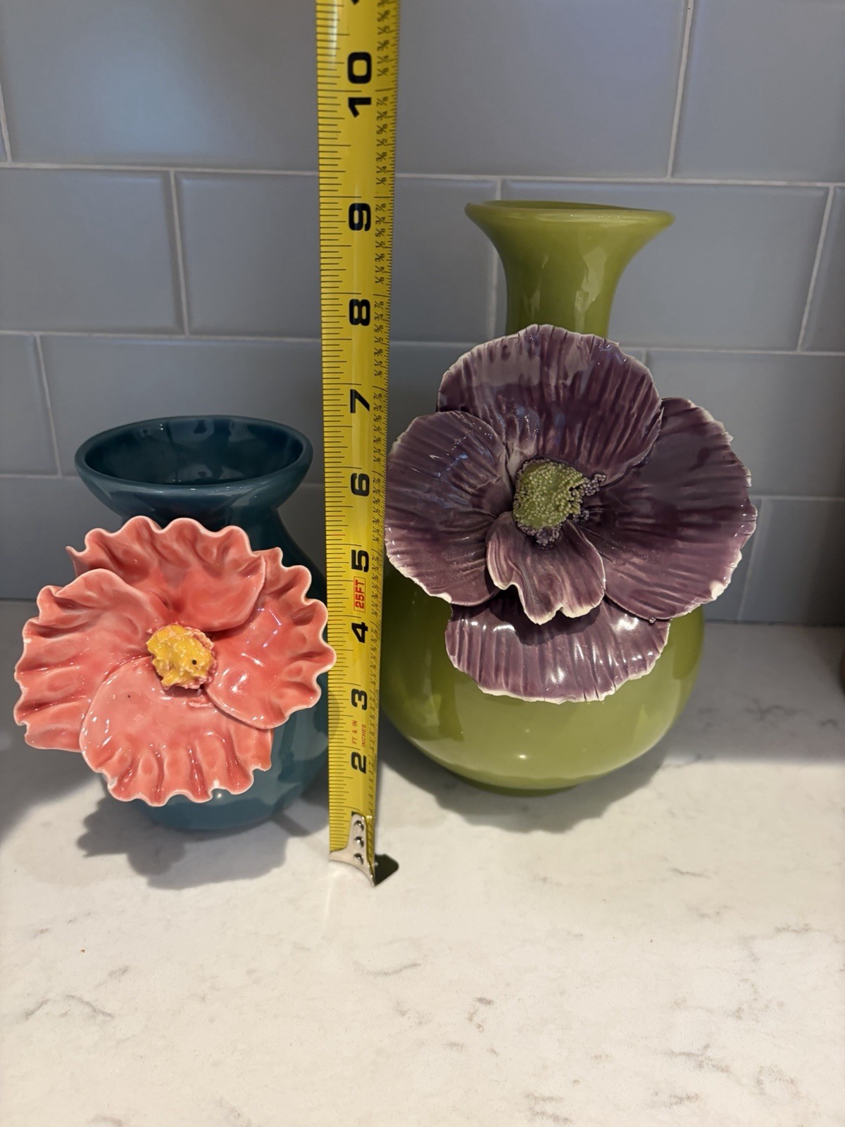 Anthropologie Poppy Flower Vases Set of 2 Green Purple Pink Floral Ceramic 3D