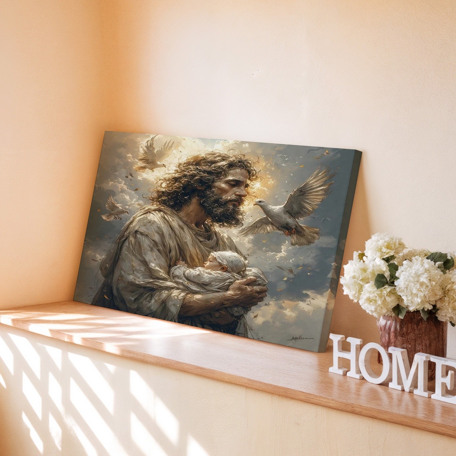 Jesus Holding Baby with Glowing Light and White Doves Spiritual Canvas Art Decor