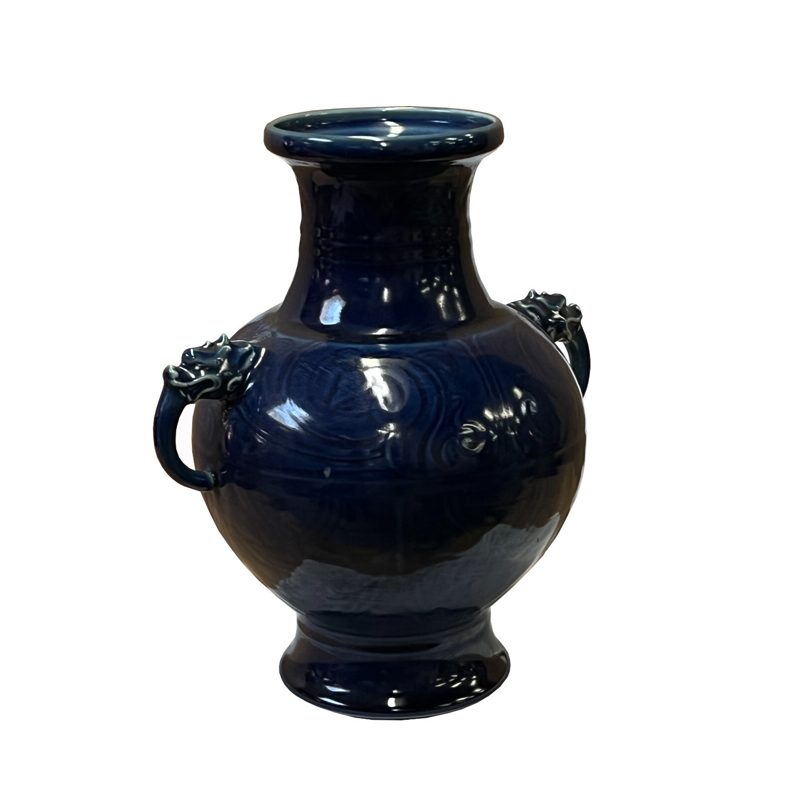 Chinese Dark Navy Blue Glaze Ceramic Dragon Ears Vase Display ws2609