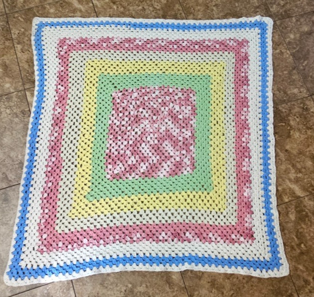 Vintage 1970s Hand Crochet Afghan Throw Blanket 62″ x 56” Yellow Blue Pink Green