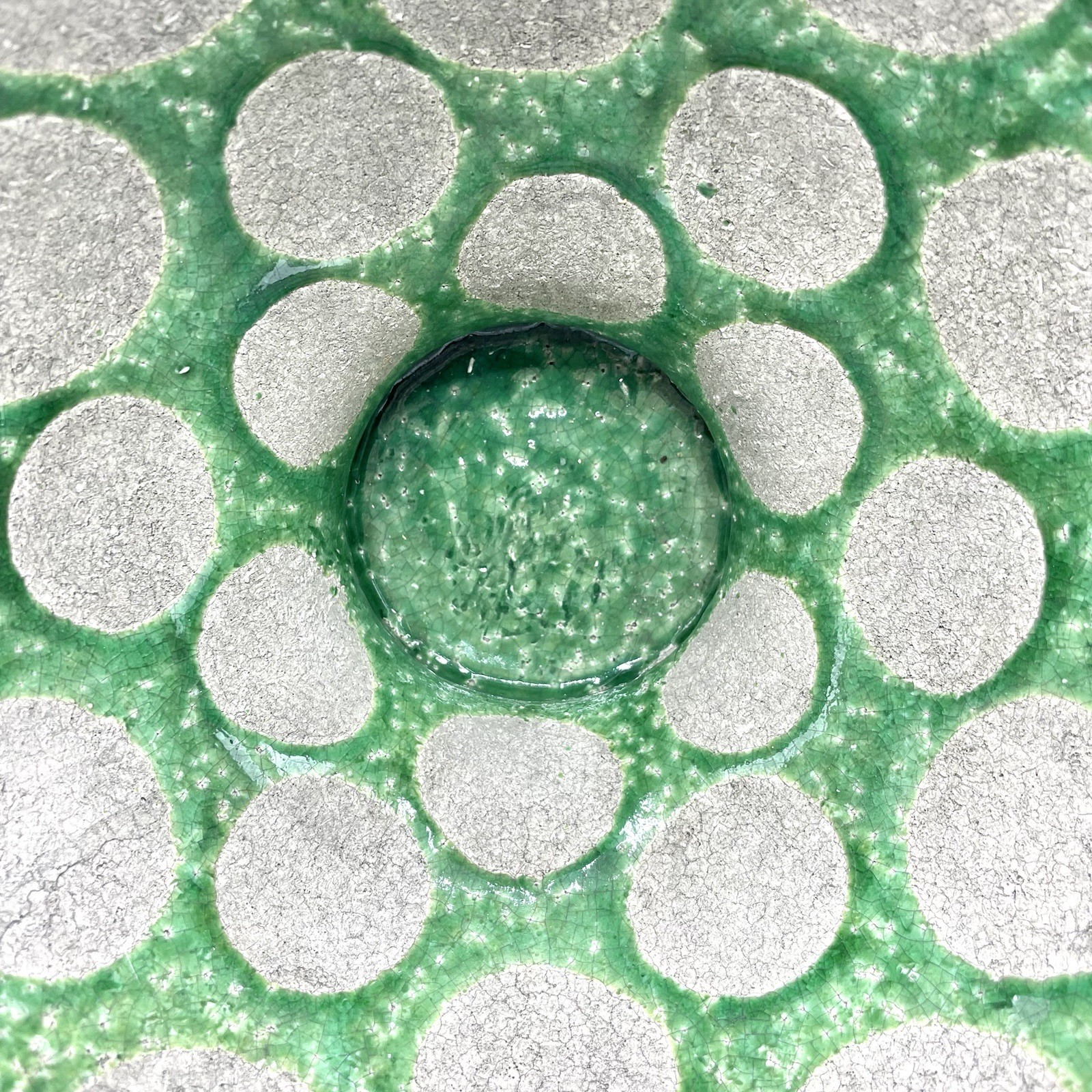 Green & Cement Gray Terra-Cotta Footed Decorative Bowl with Wax Relief Dots