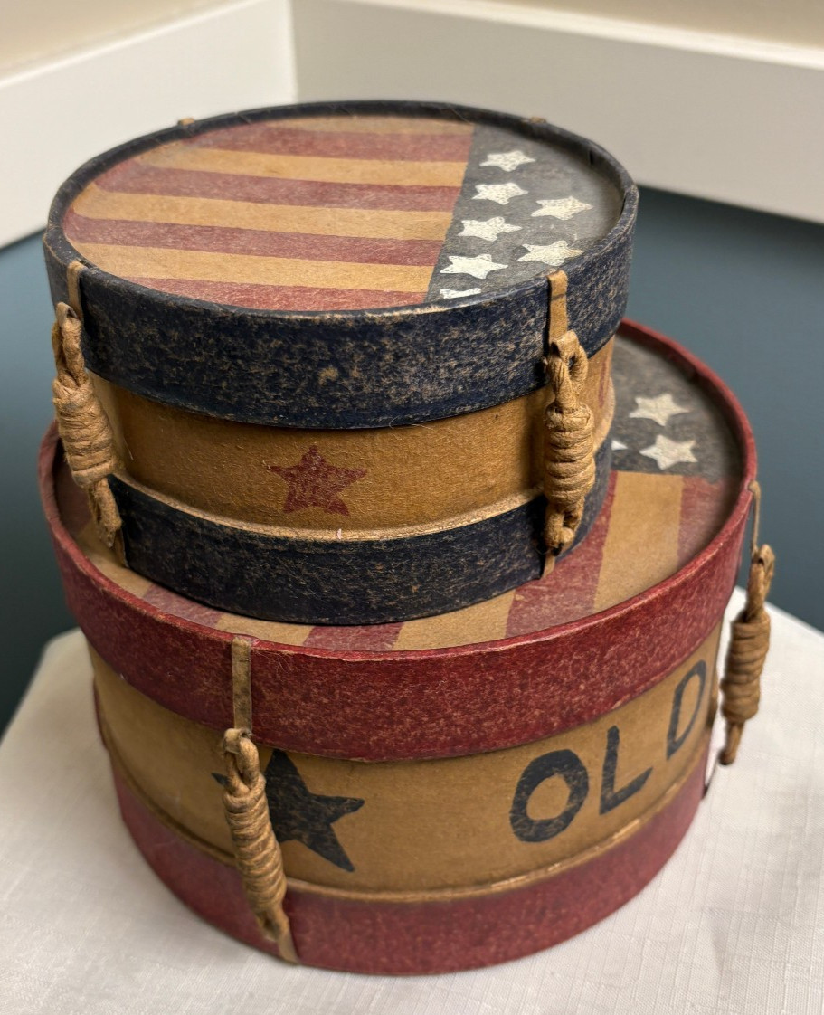 Lot of 2 Primitive Folk Art Americana Drum Boxes – Vintage Red White & Blue