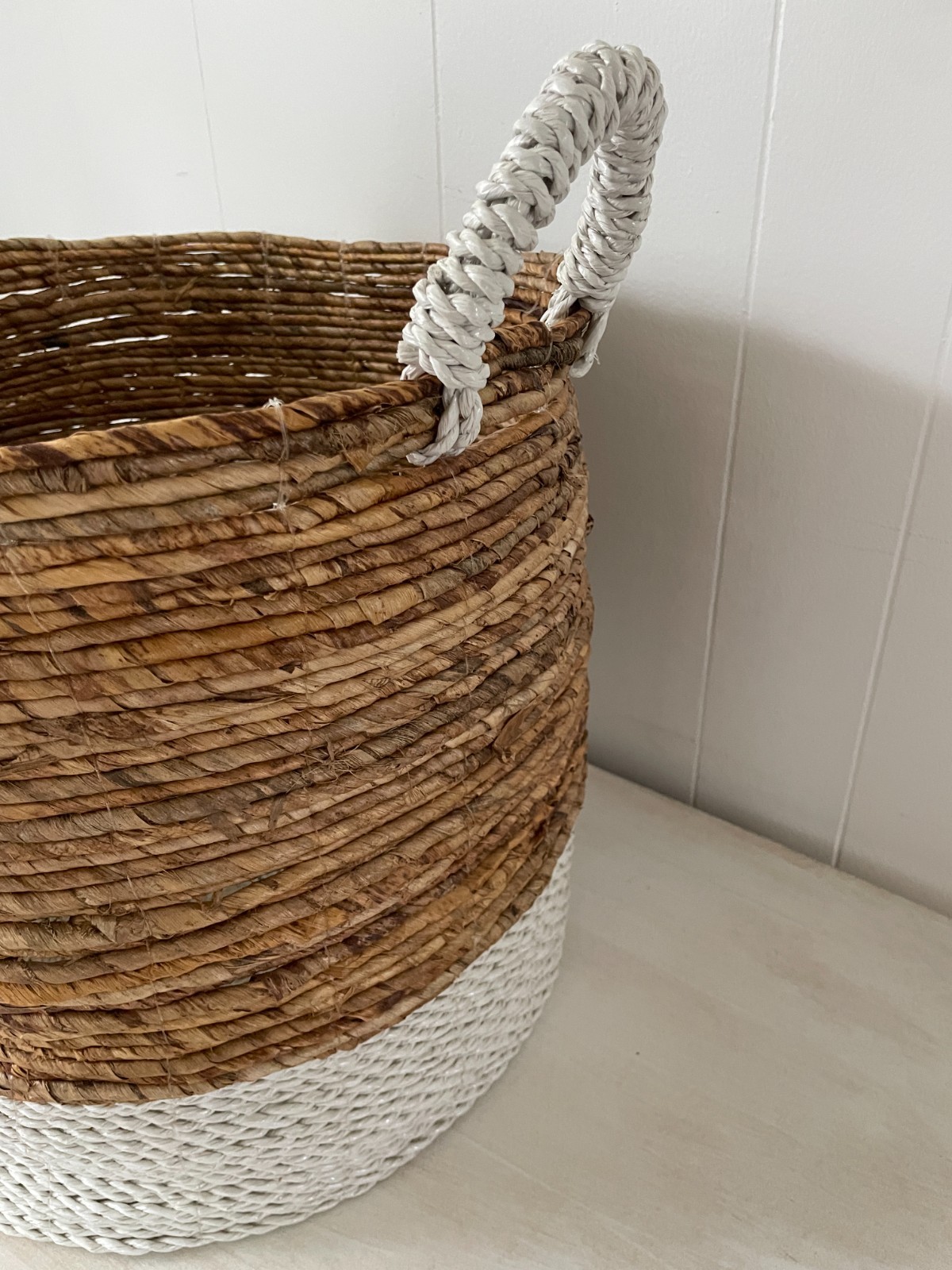 Large Natural & White Colorblock Handled Basket 16inch Storage Decor Laundry
