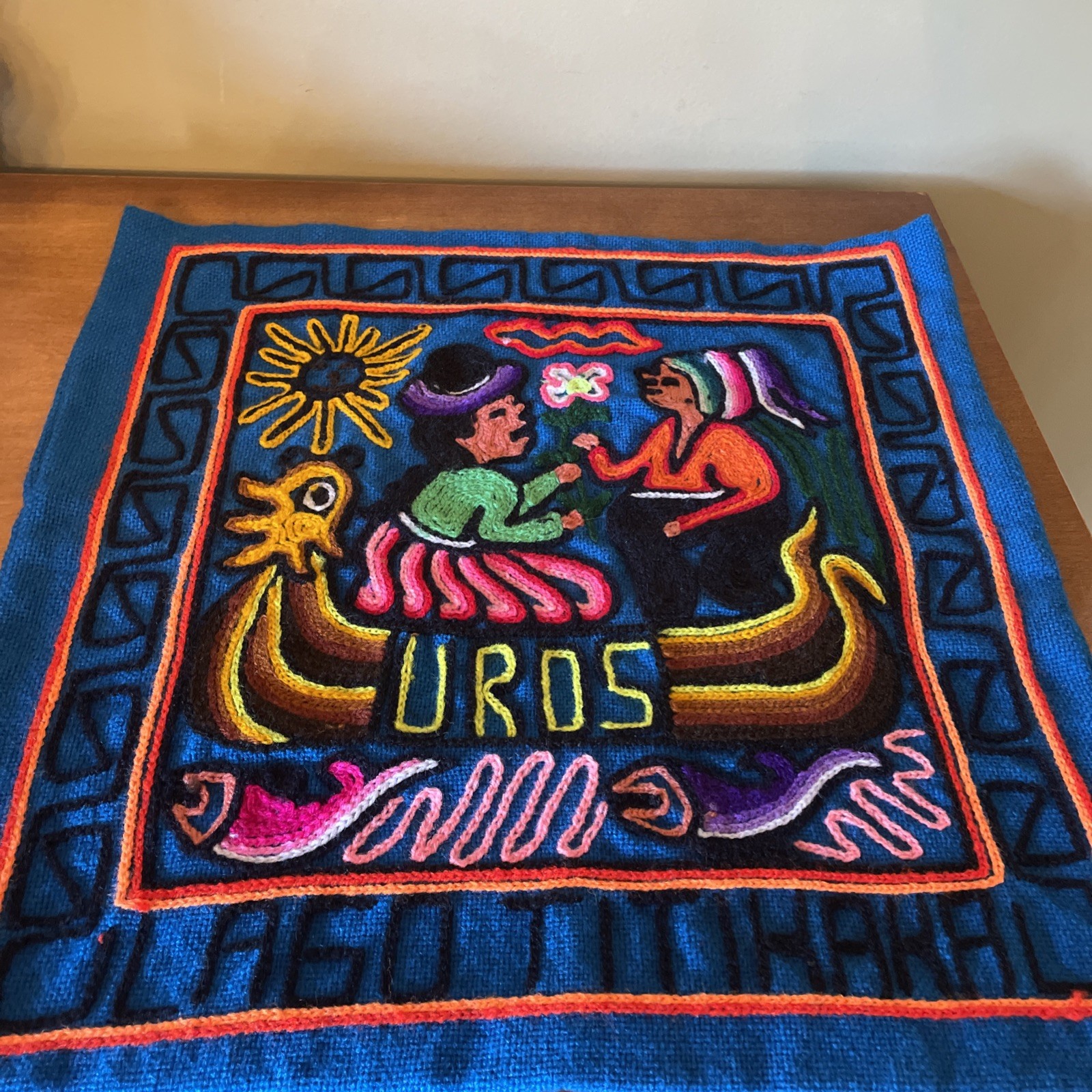 Vintage Peru Lake Titicaca Folk Art Wall Hanging Pillow Cover 16.5” Square Uros