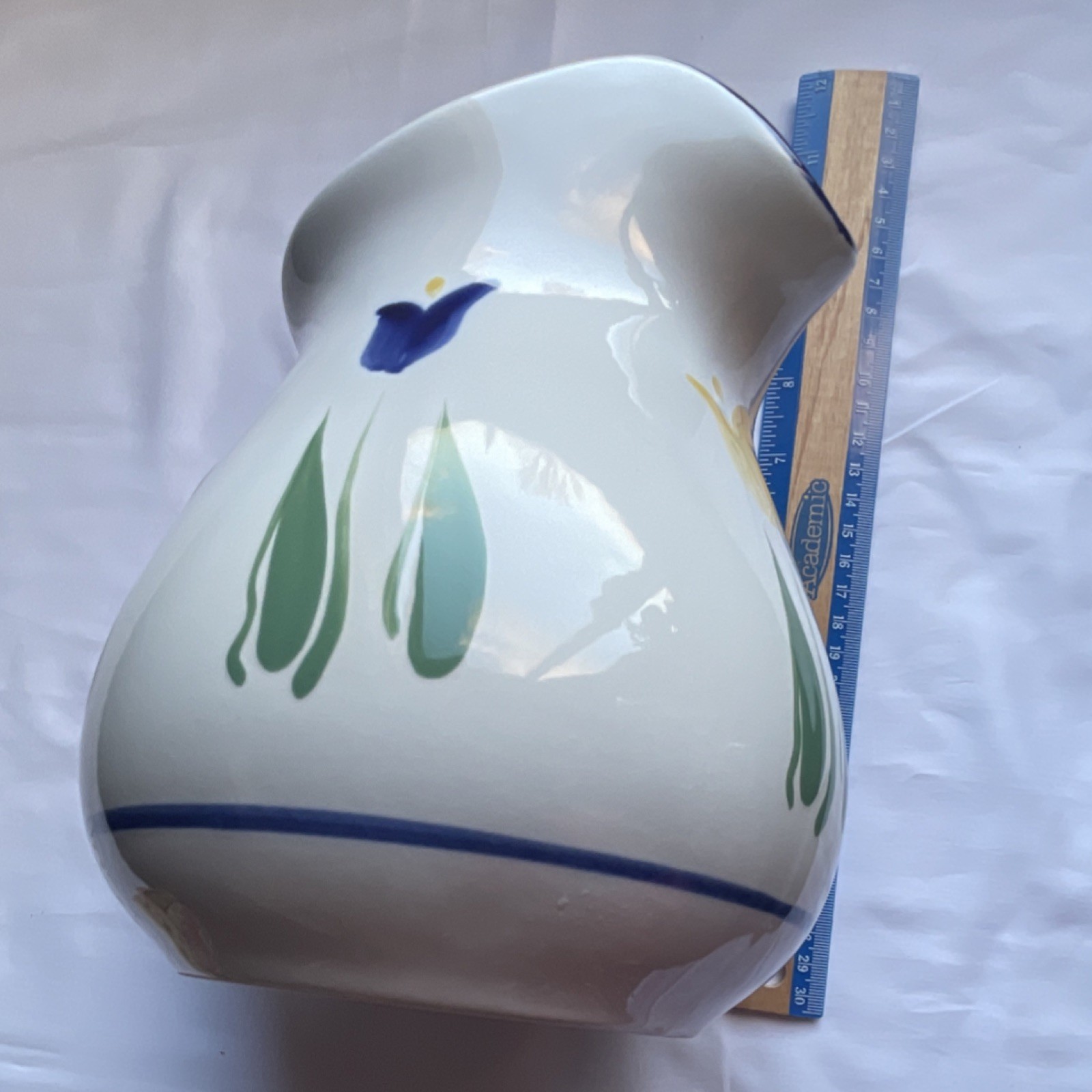 Dansk Floral Ceramic Pitcher – Hand‑Painted Tulip Design – Blue Rim – 8″ Vintage