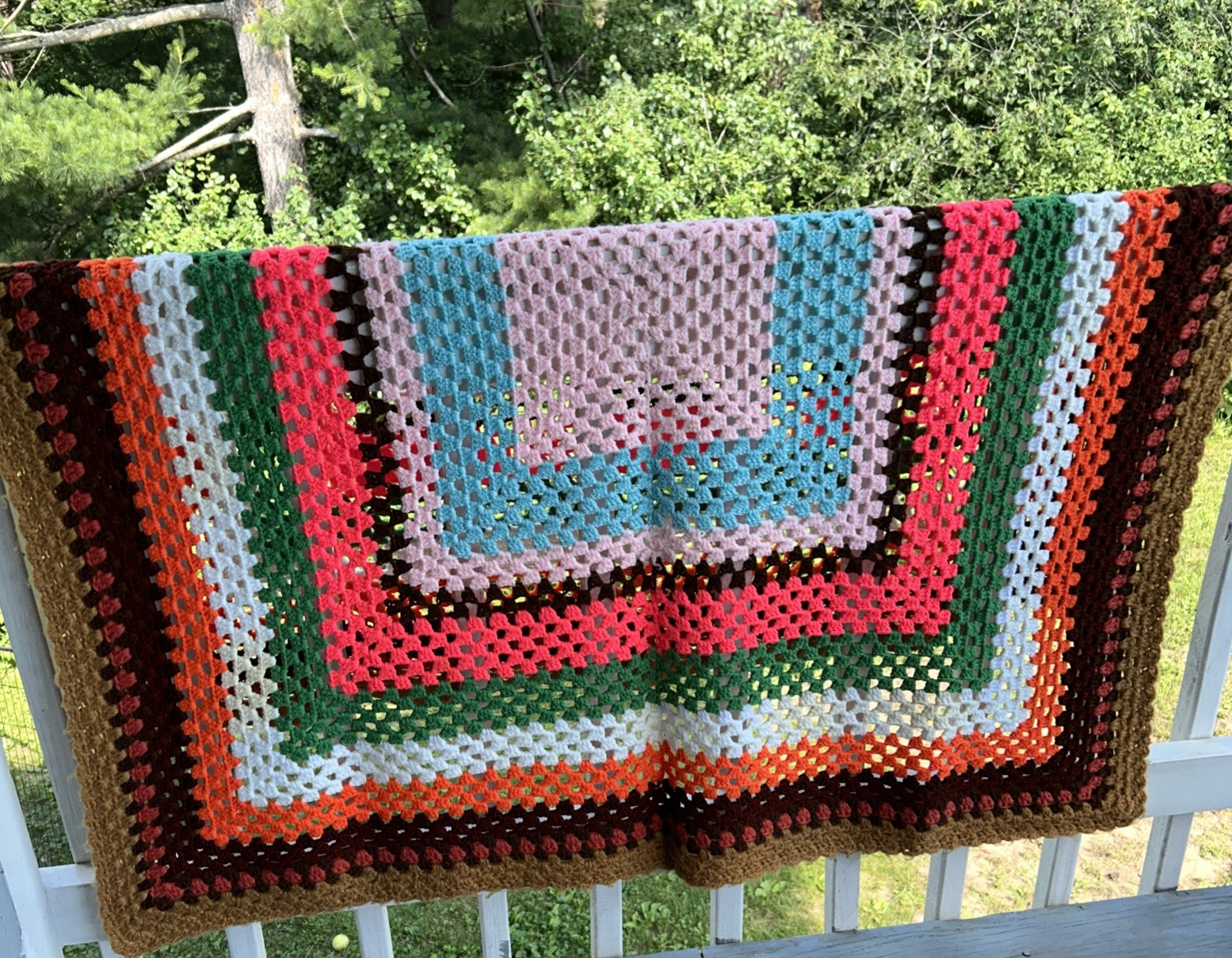 Crochet Bright Rainbow Afghan Knitted Blanket 52”x52” Handmade Vintage 1973