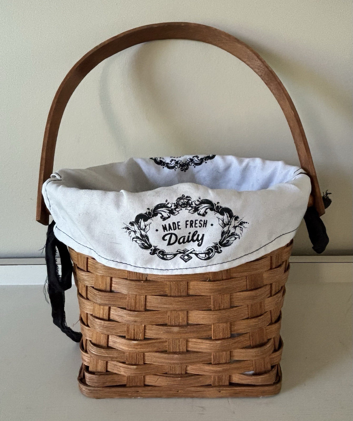 Rectangular Wicker Wood Basket w/ Handle, Fabric Liner “Made Fresh Daily”