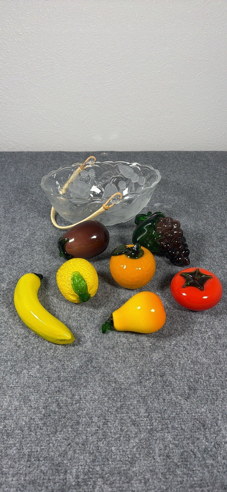 Vintage Lot Of 7 Murano Style Hand Blown Glass Fruits Vegetables WP&G Basket