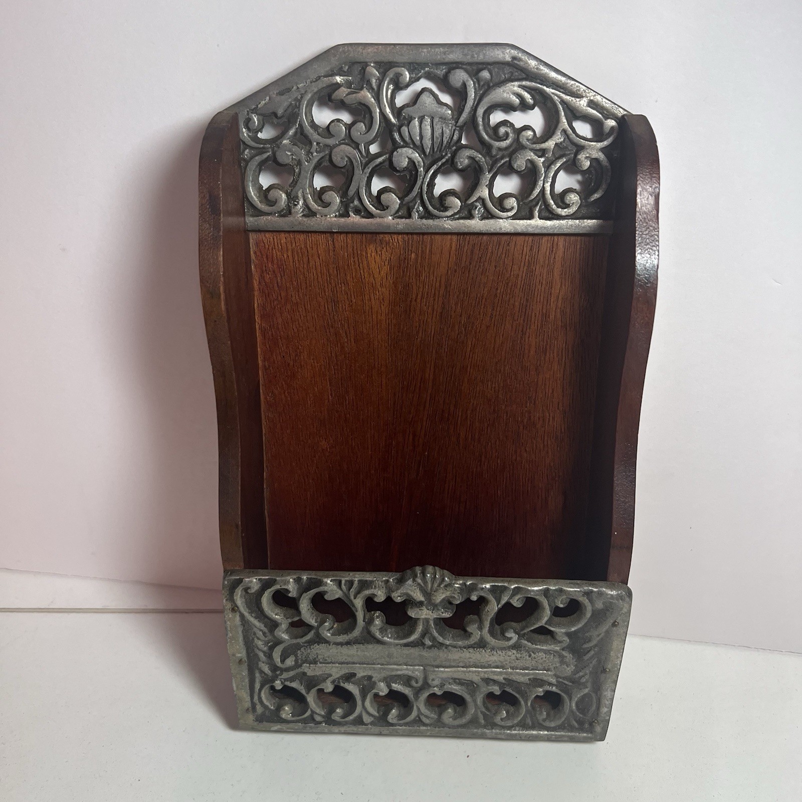 Vintage Mail Organizer- Wood & Aluminum, Hand Crafted, Scroll Detail