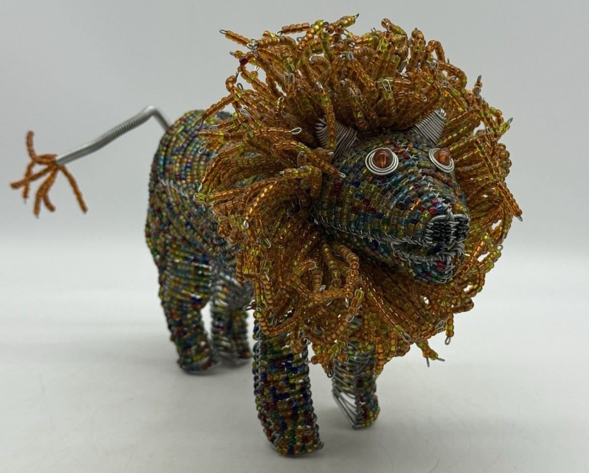 Beaded African Male Lion Wire & Colorful Beads Figure Handmade
