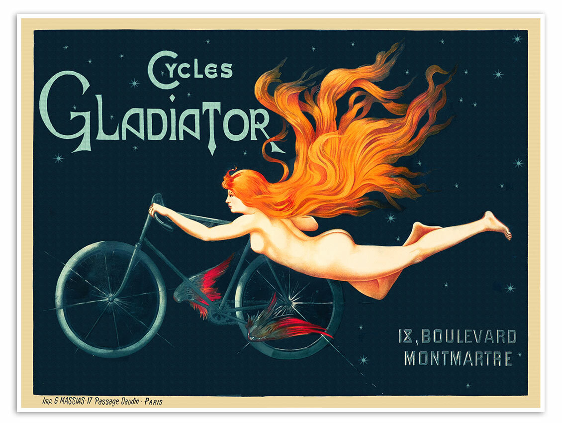 Cycles Gladiator c. 1895 Art Nouveau Vintage Nude Bicycle | Art Print Poster Ad