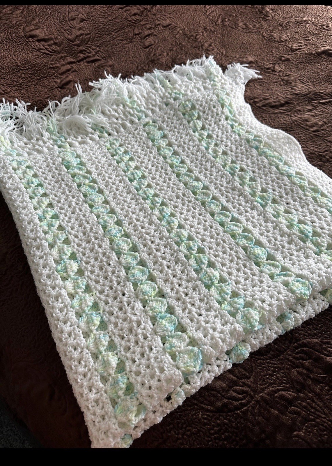Baby blanket Afghan. White with blue and green mix. Approx 38×39