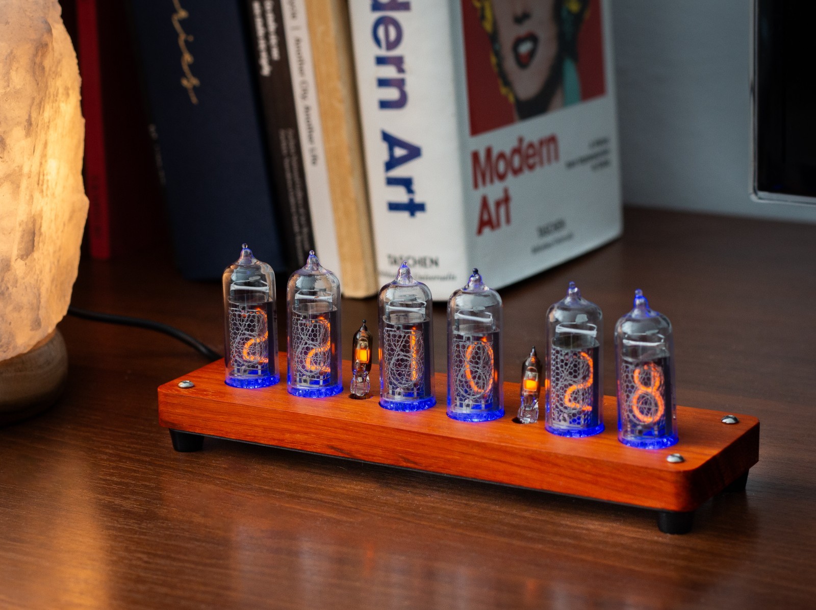 Complete Nixie clock. Installed in-14 tubes. Wood case. Brass ring.