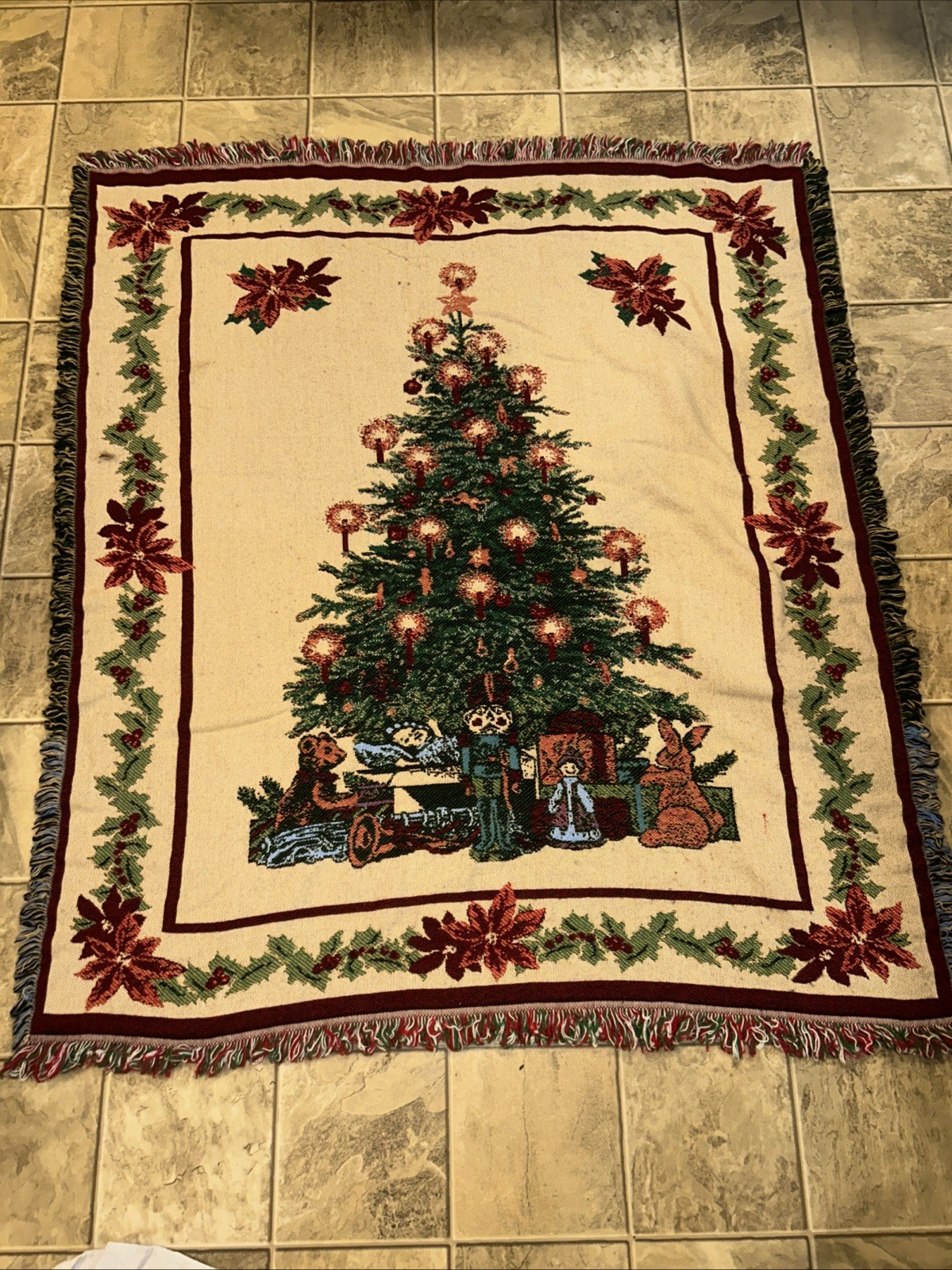 Vintage Beacon Holiday Tapestry Throw Blanket Christmas Tree, Toys Train 59×52