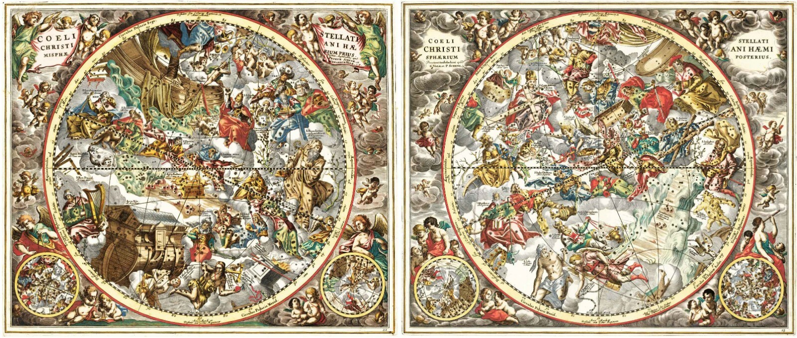 1660 Set of 2 Celestial Hemispheres Charts – Constellations Representing Symbols