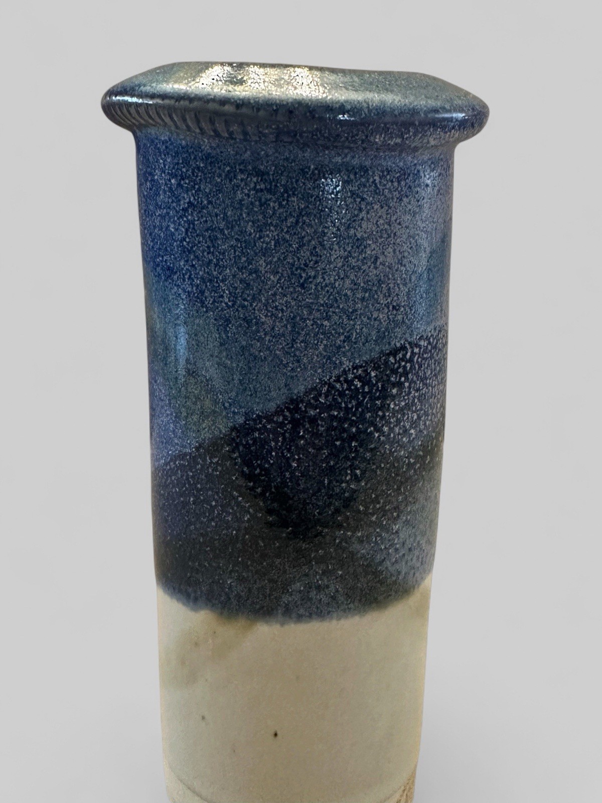 Signed Studio Pottery Vase Blue Glazed Cylinder Modern Handmade Ceramic Bud Vase