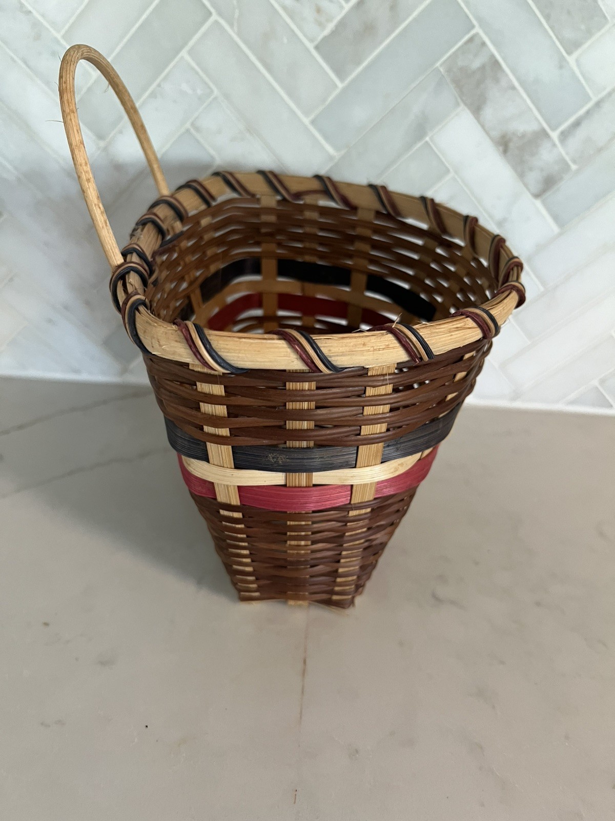 Vintage Hand Woven Wicker Wall Pocket Basket Gathering Tote Brown Red Boho Decor