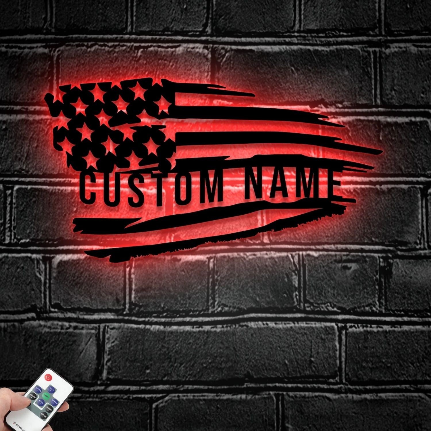 Personalized Distressed USA Flag Metal Sign with LED, Custom Flag Name Decor