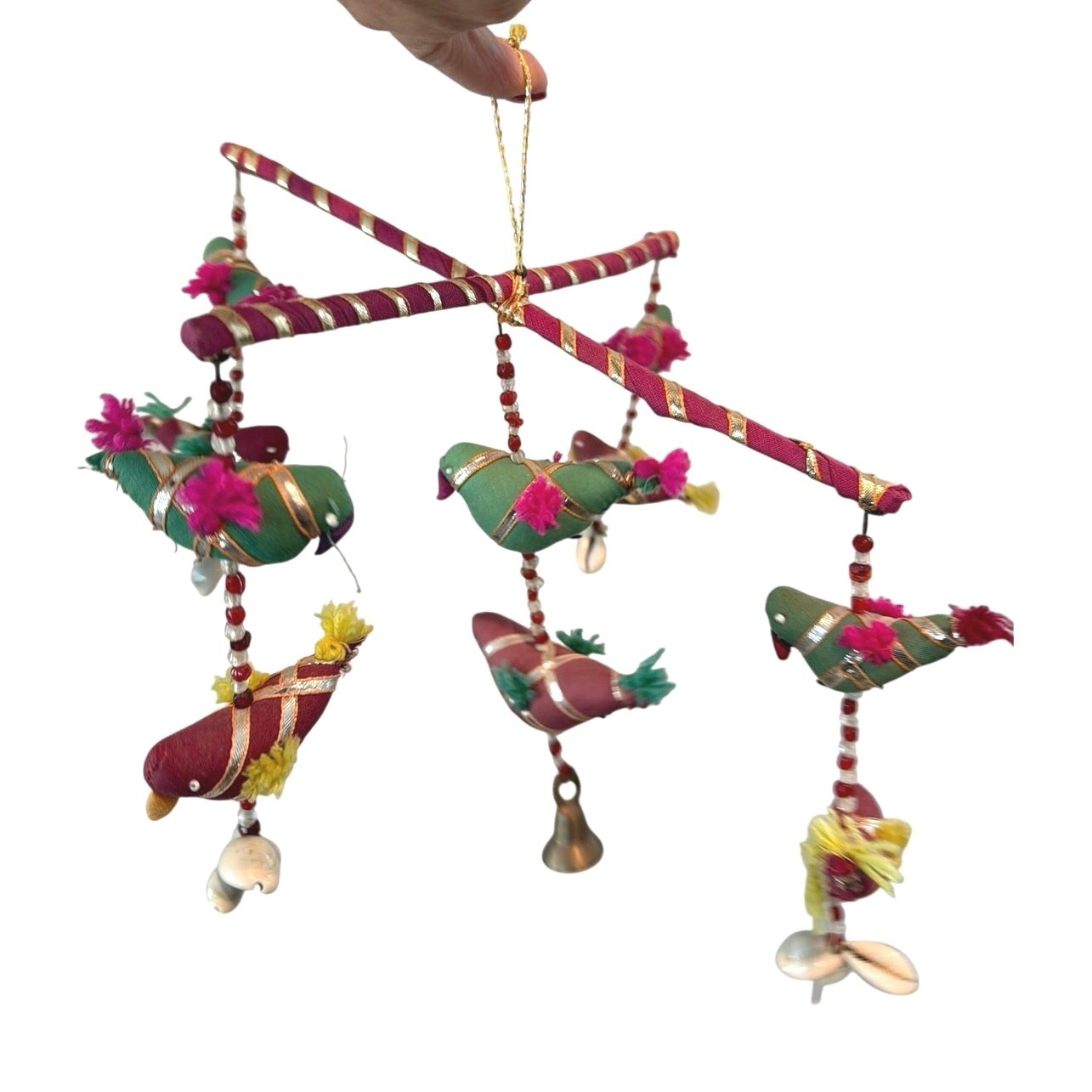 Vintage ethnic folk art birds mobile with ribbon, bells and beads