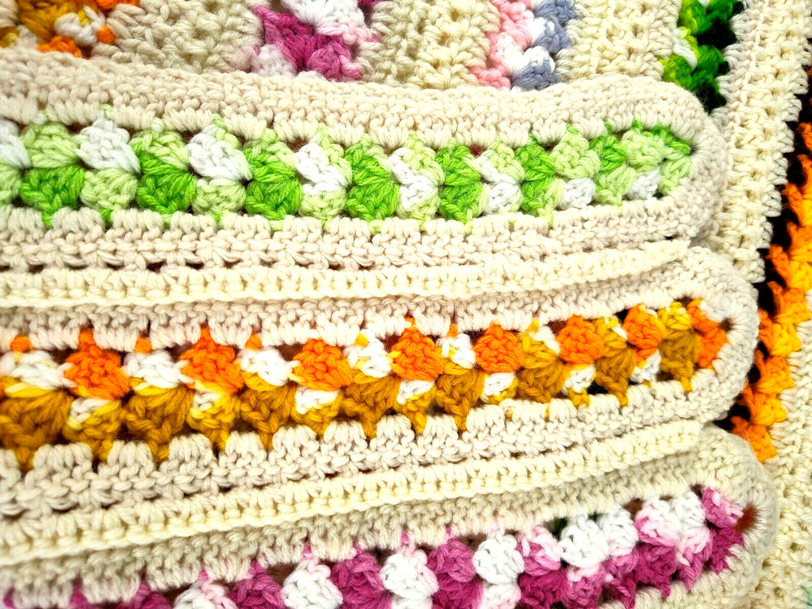 Vtg Handmade Knitted Crochet Afghan Striped Scalloped Edge Throw 50″ X 36″