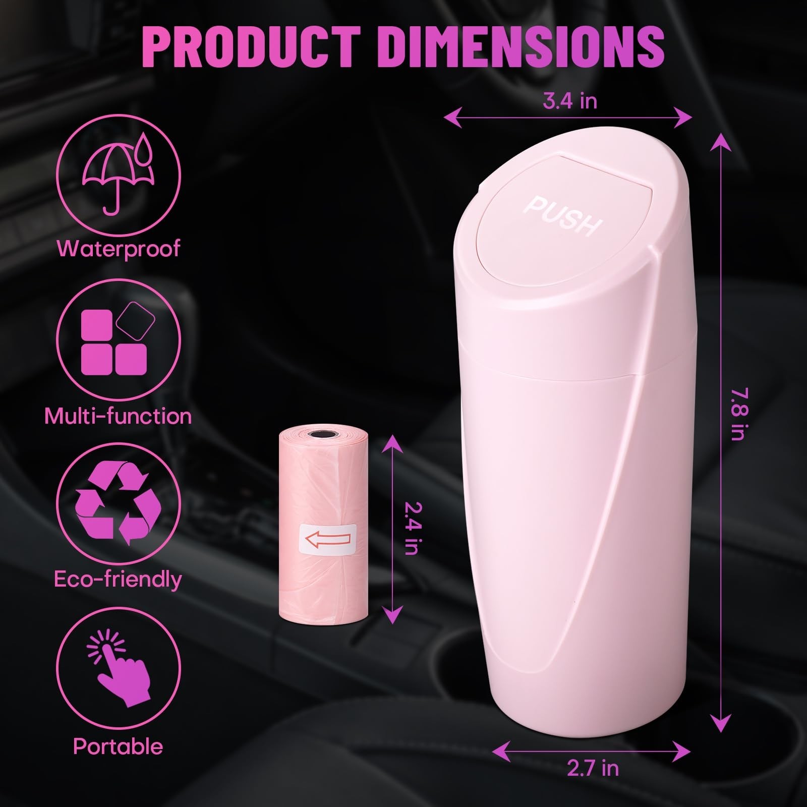 Car Trash Can Bin with Lid – Car Garbage Can Cup Holder – Pink Mini Leakproof…