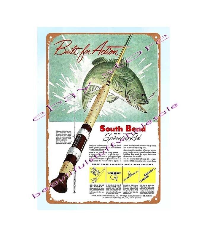 decor store 1956 SOIUTH BEND Spinning Rod LARGEMOUTH BASS fishing metal tin sign
