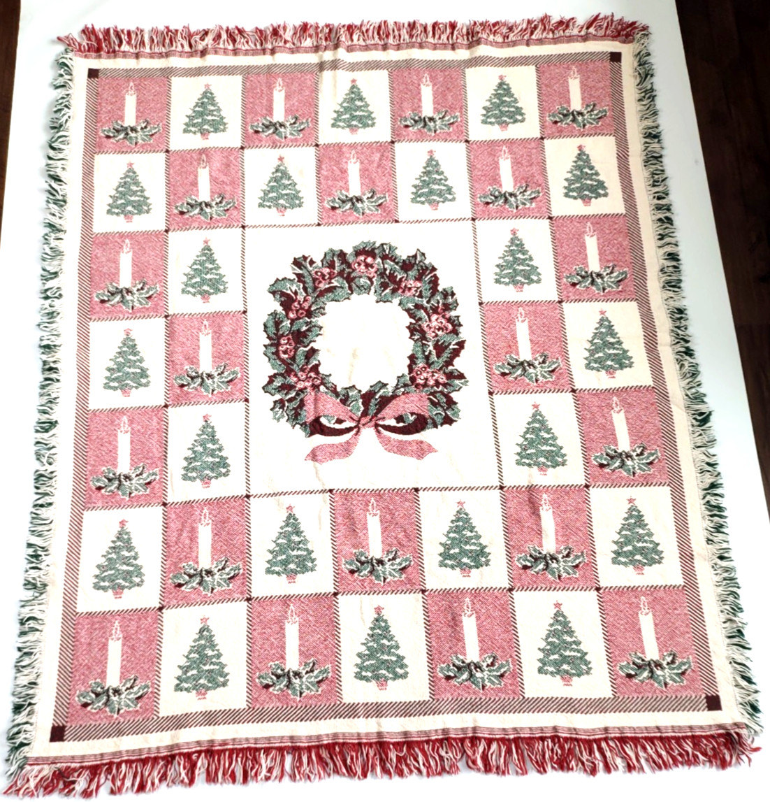 Weaved Tapestry Wreath Blanket~Trees Candles Fringed 100% Cotton~46in x 58 in