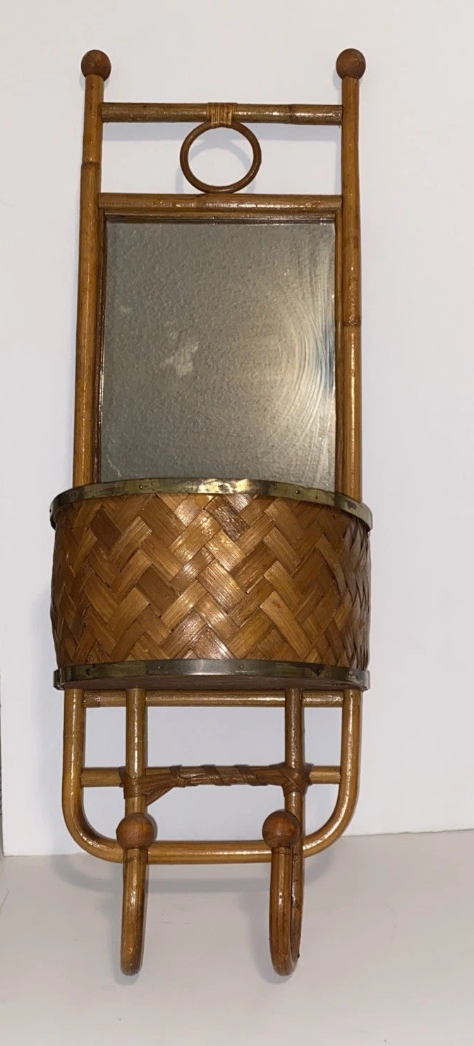 Vintage Rattan, Bamboo, Wicker Wall Mirror W Shelf Boho Tropical