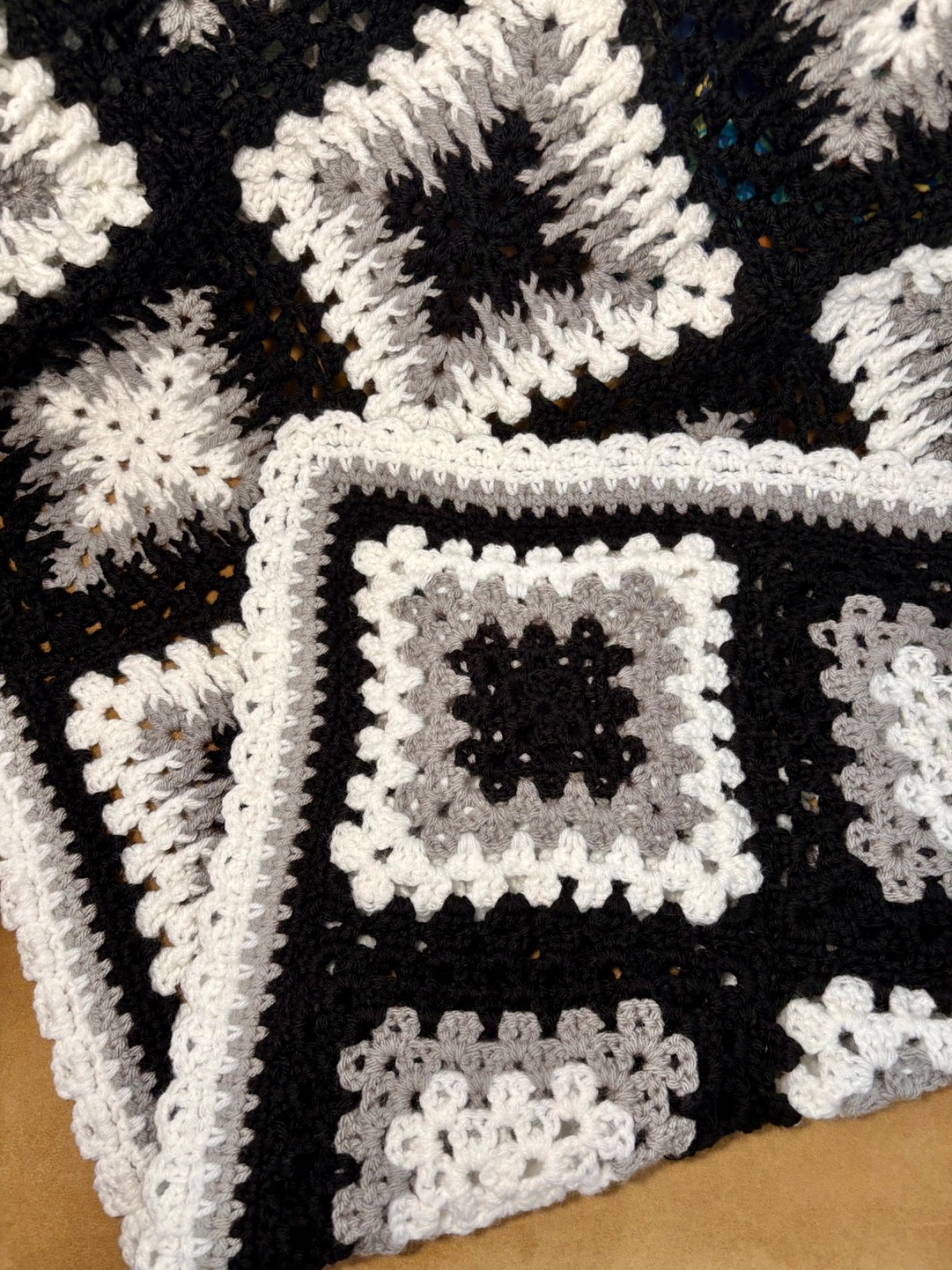 Afghan Sofa Throw 46″x 46″ Black White & Gray Crochet HANDMADE NEW & NEVER USED