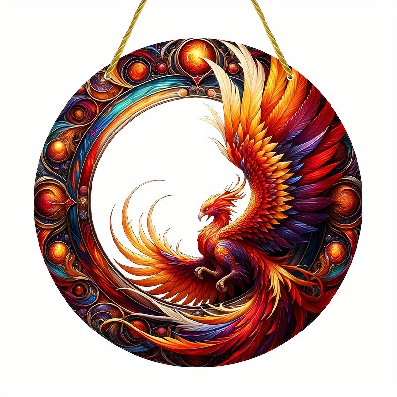 Acrylic Phoenix Round Hanging Decor Colorful Mythical Bird Art for Home Window