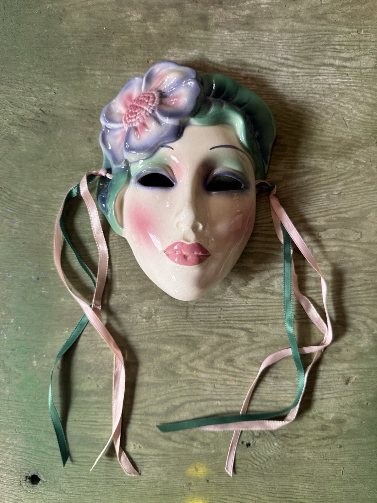 Vtg About Face Clay Art Ceramic Wall Mask San Francisco USA Ribbon Art Deco