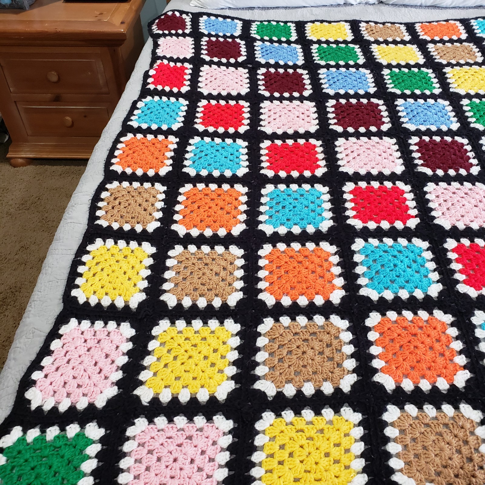 Throw Blanket Crochet Multicolor Granny Square Black Border Handmade Afghan Boho