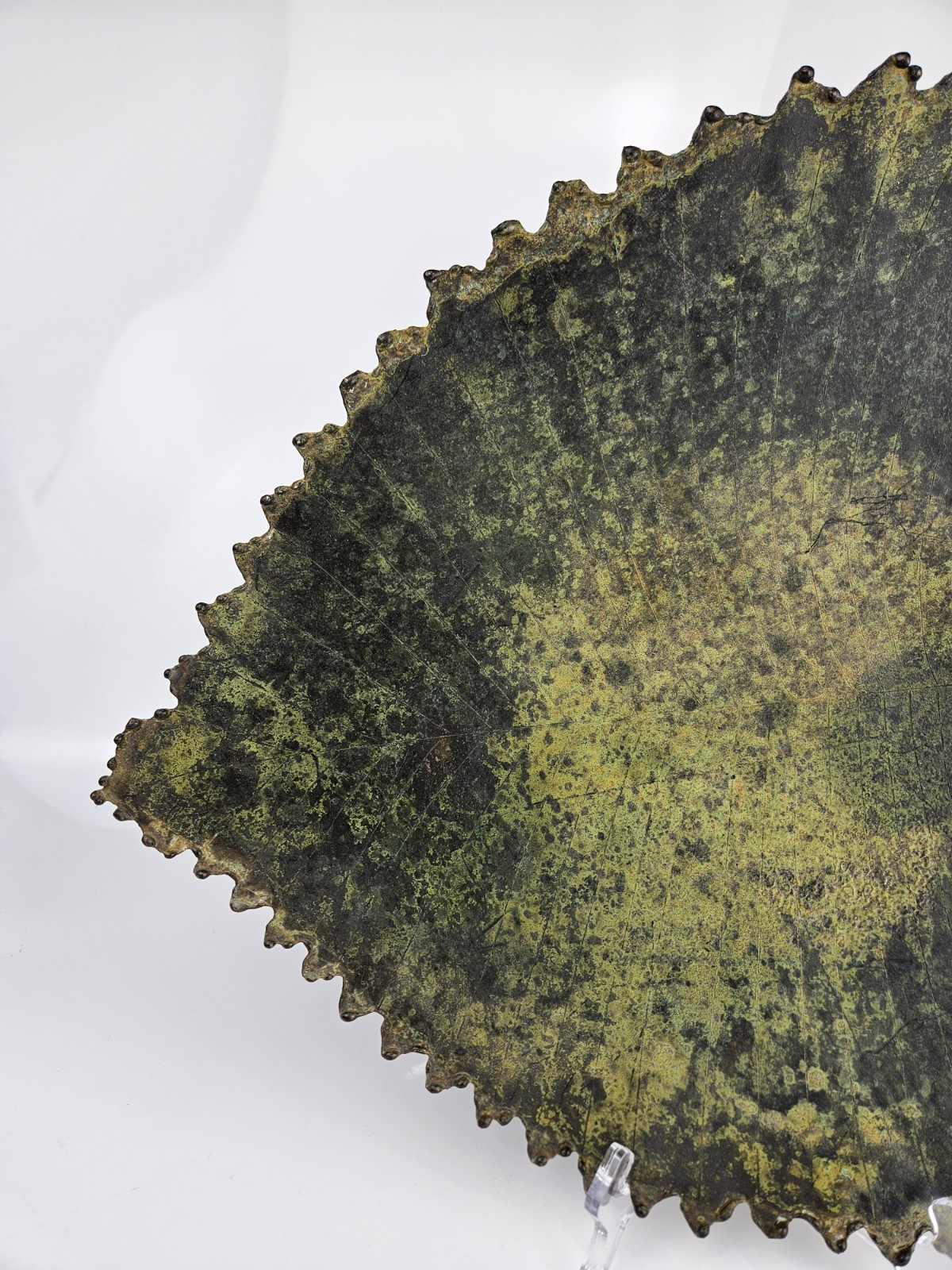 Large Decorative Metal Leaf Tray Bowel Verdigris Patina Ball Feet Serrated Edge