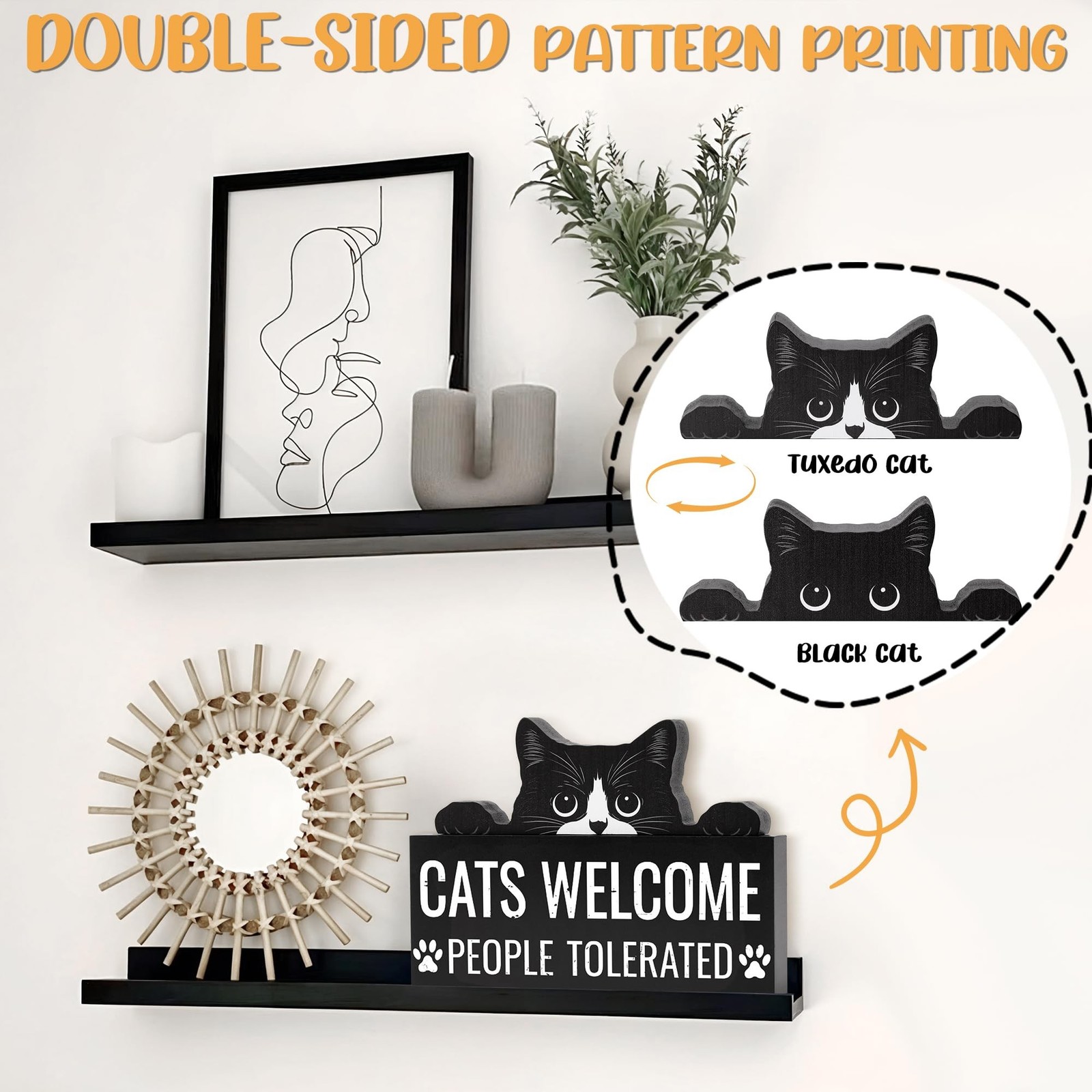 2 Pack Funny Cats Decor 9.1” × 3.9”, Wooden Cat Lover Gifts with Black &