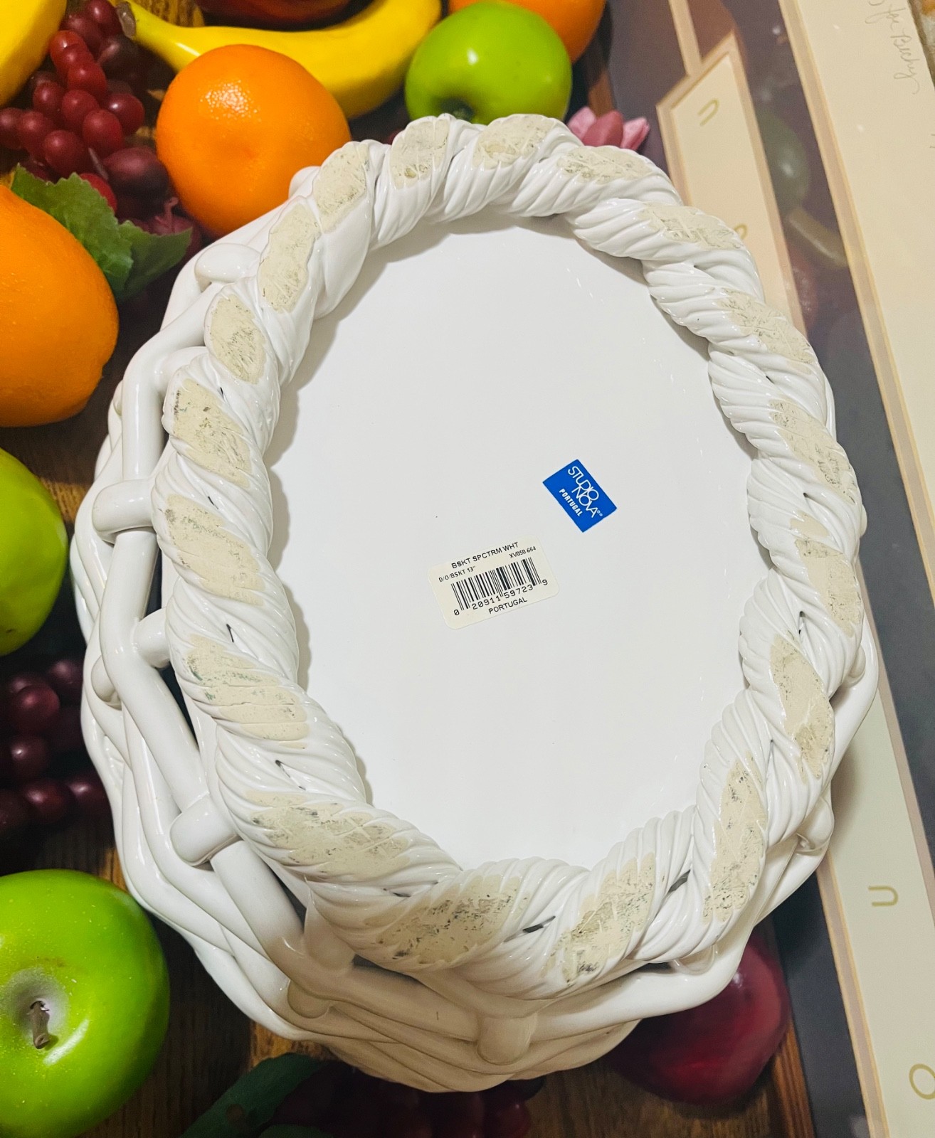 Large 12 inch Vintage Woven Ceramic Basket Bowl Fruit Centerpiece Portugal